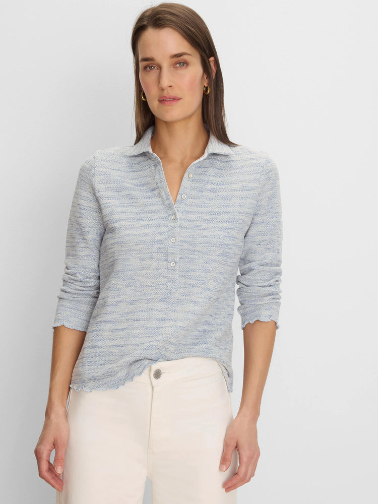 Light blue & white spacedye elbow sleeve polo with collared neck, button placket, and scalloped edges.