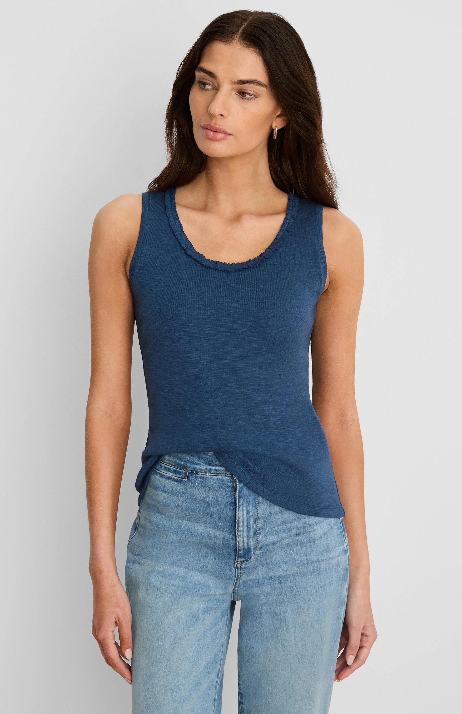 Deep blue slub cotton tank top with a ruffle-edged U-neckline.