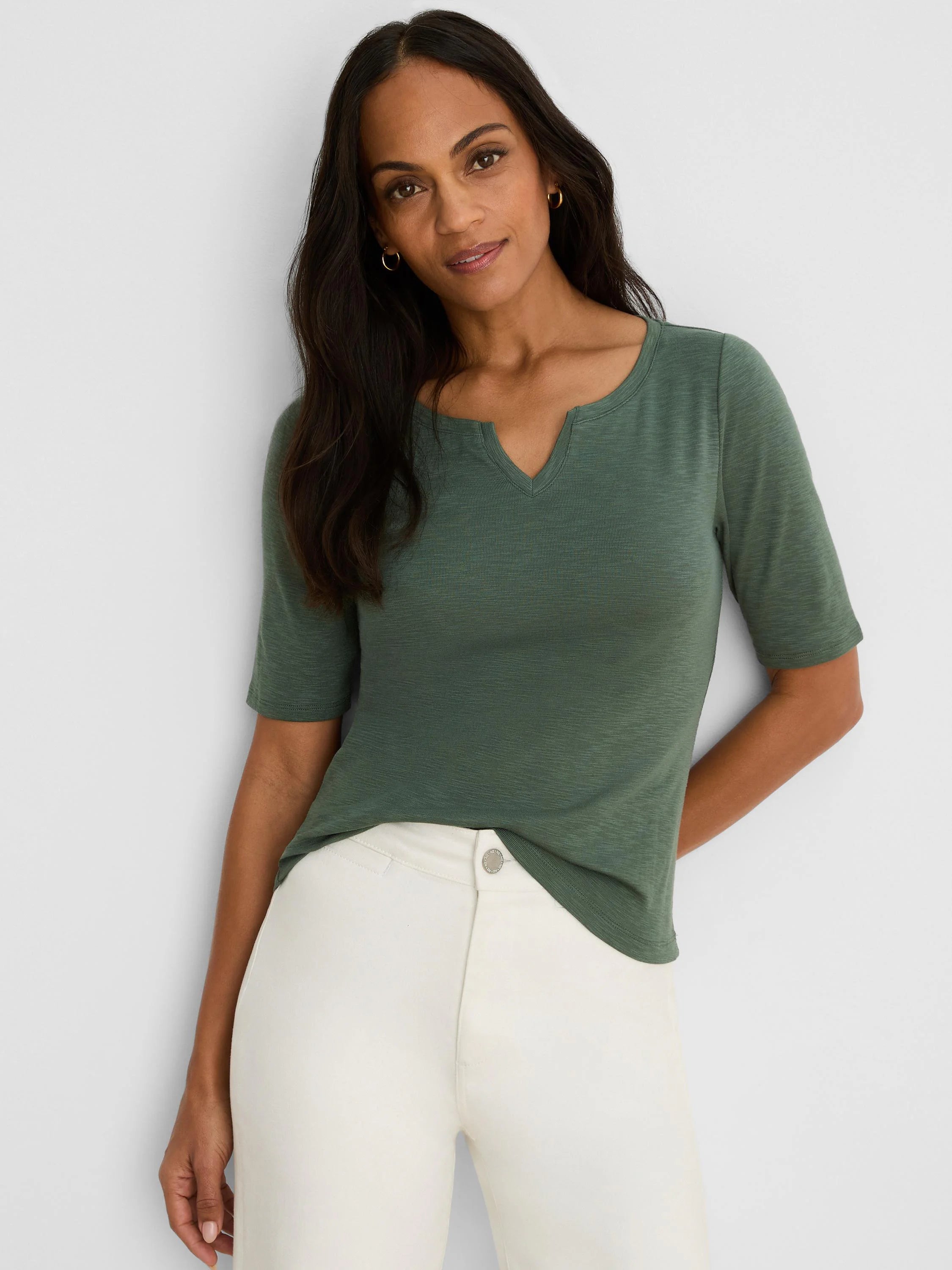 Olive green elbow-sleeve tee with a notched neckline and subtle textured fabric.