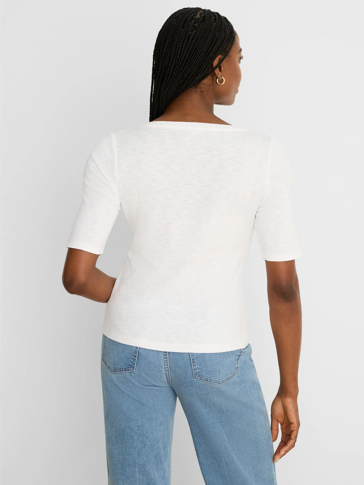 Off-white marled elbow-sleeve tee, fitted, with a wide back neckline. Model shown from behind.
