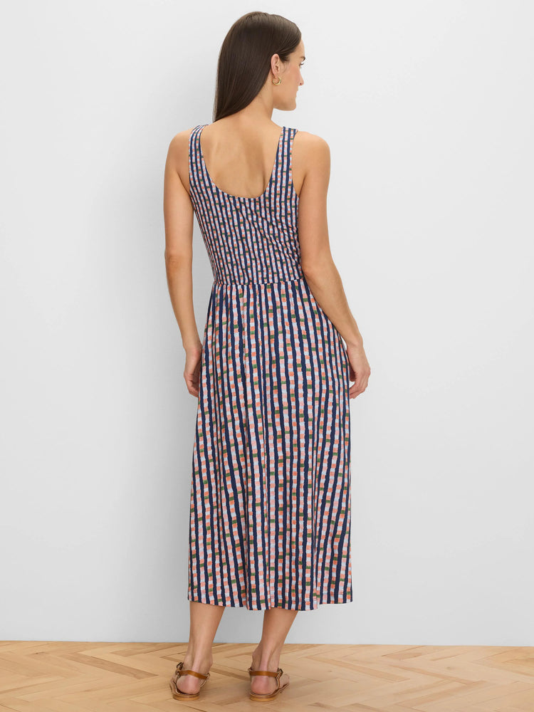 Back view of sleeveless midi knit dress with scoop back. Blue, peach, light blue, & green reef stripe pattern.