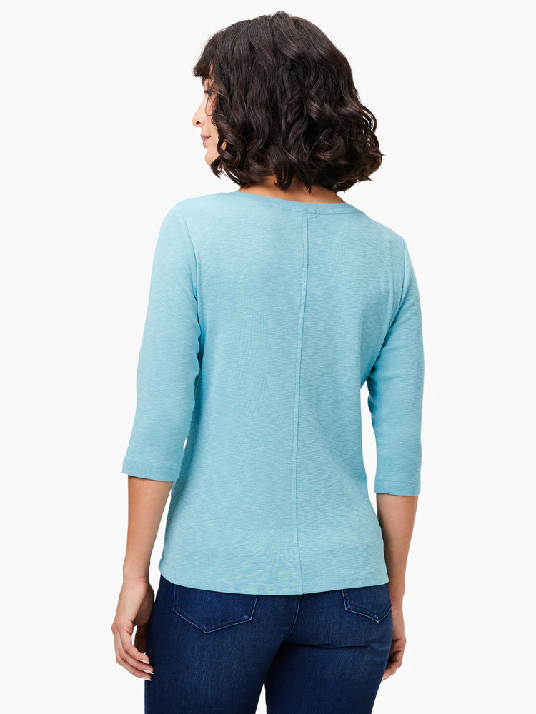 Aqua 3/4 sleeve boat tee with textured fabric and a vertical seam down the back.