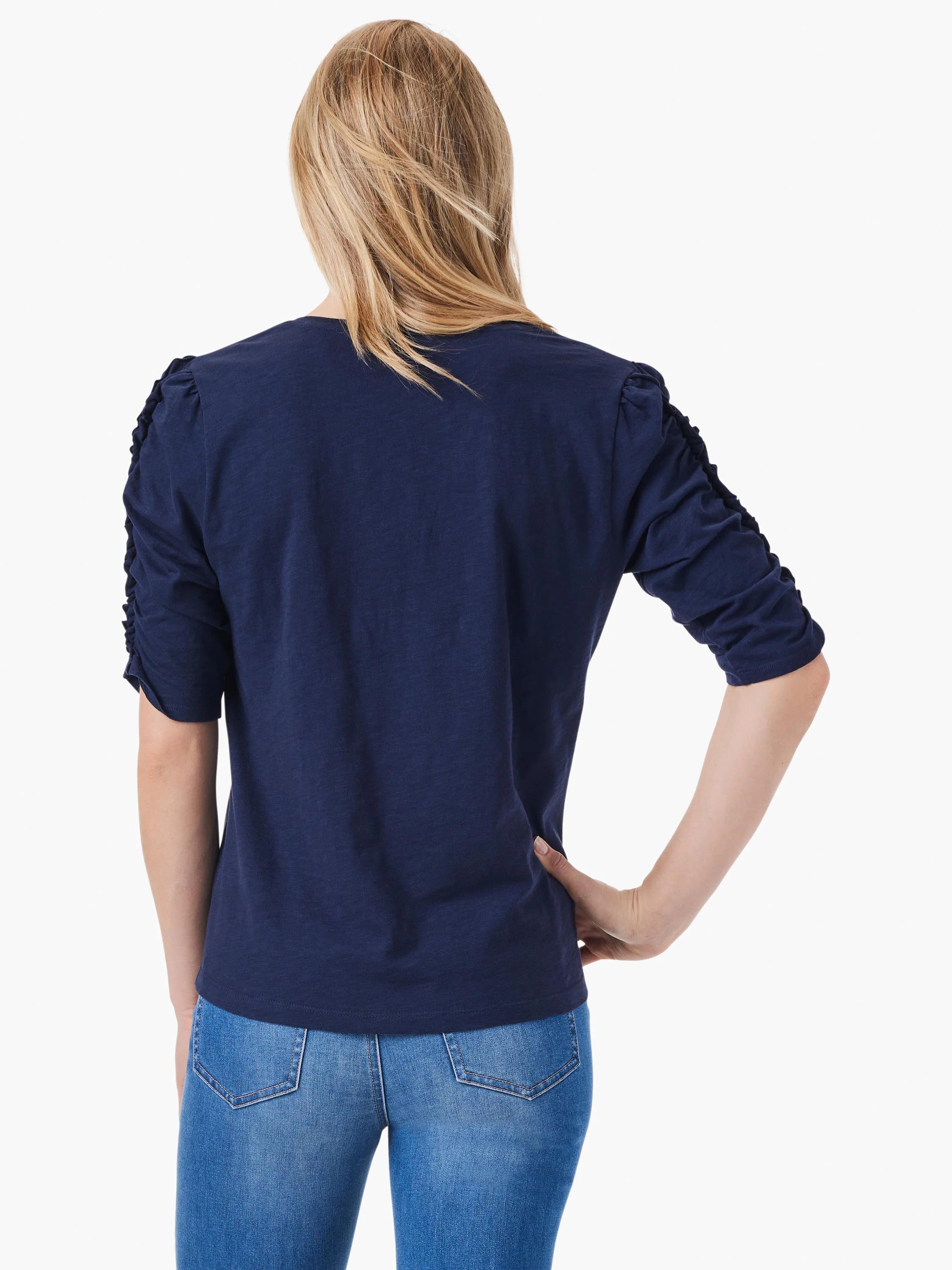 Here's alt text for the image, suitable for visually impaired users:
"Rear view of a navy blue, elbow-sleeve top with...