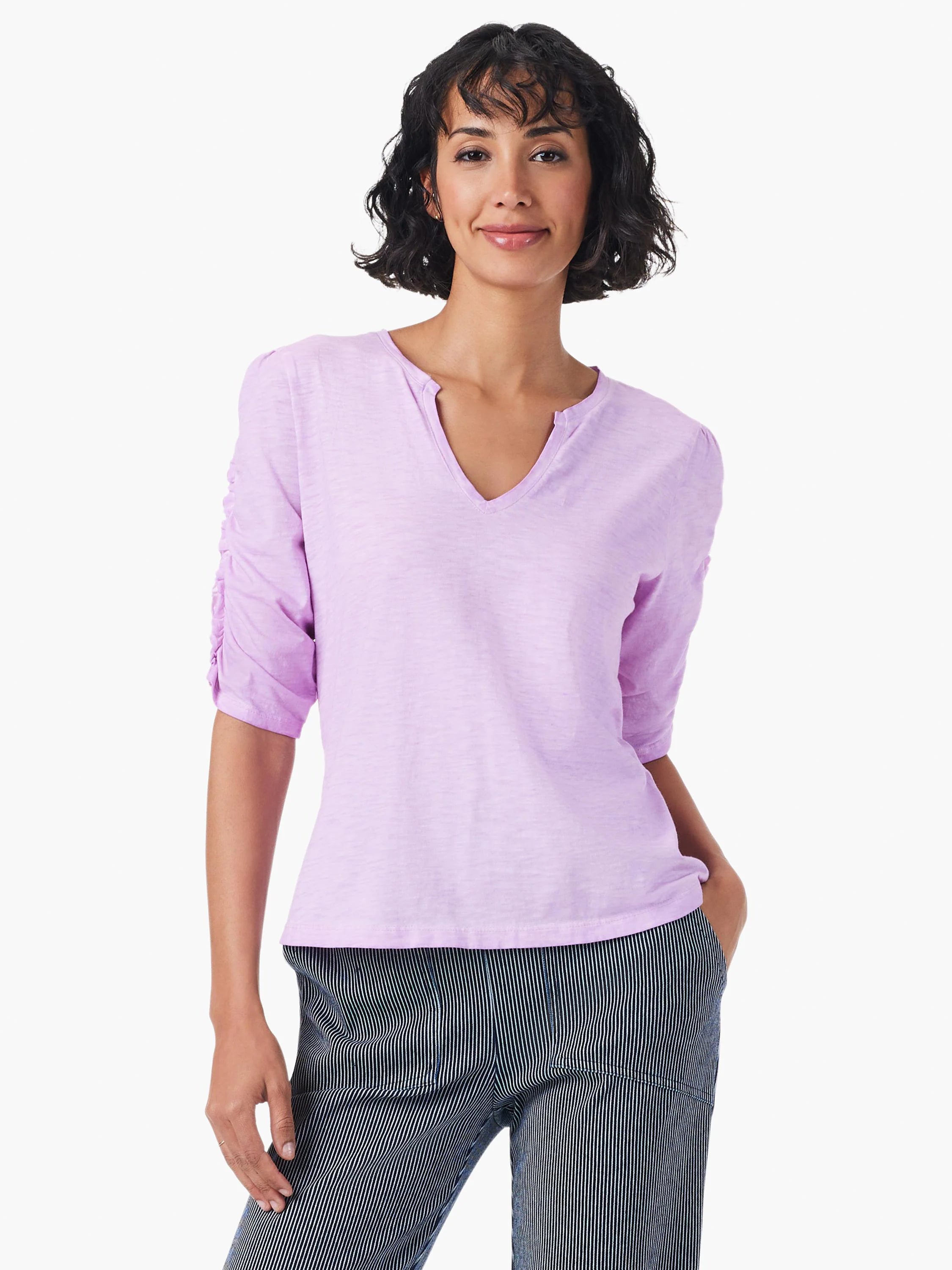Lilac elbow-sleeve top with a split V-neck and ruched sleeves.