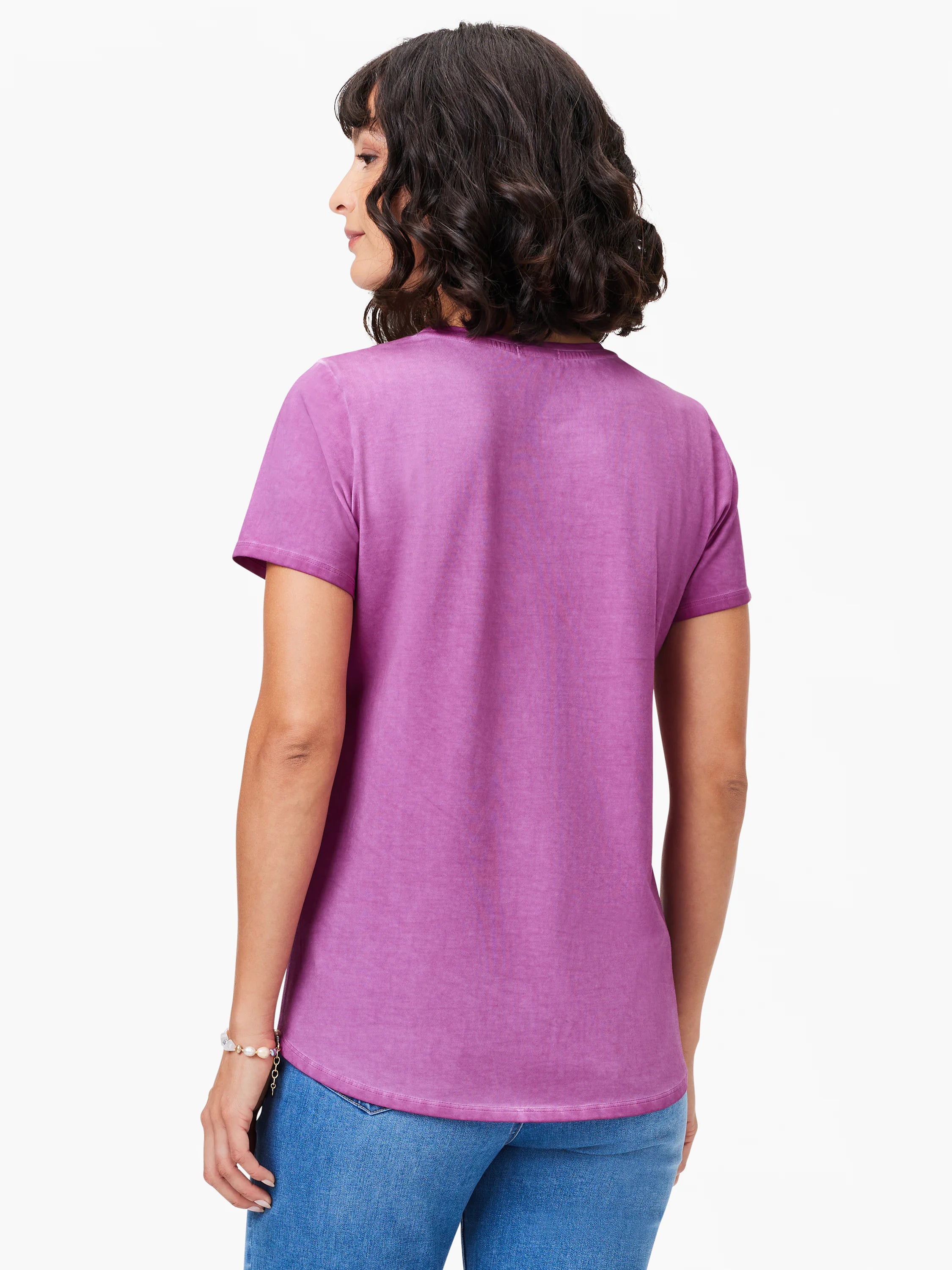 Faded purple short sleeve crew neck tee with a curved, shirt-tail hem.
