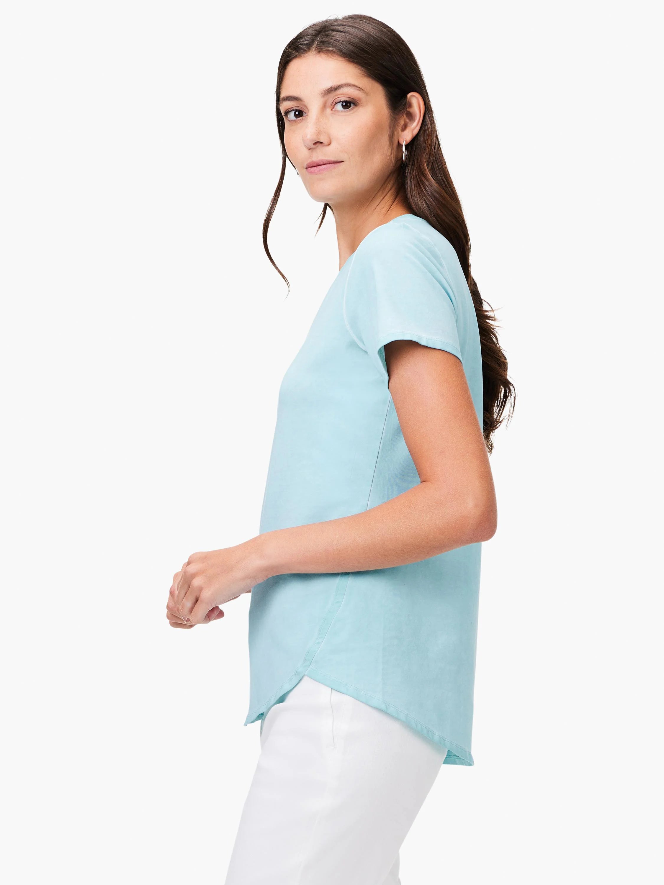 Light blue short sleeve crew neck tee with a shirt tail hem.