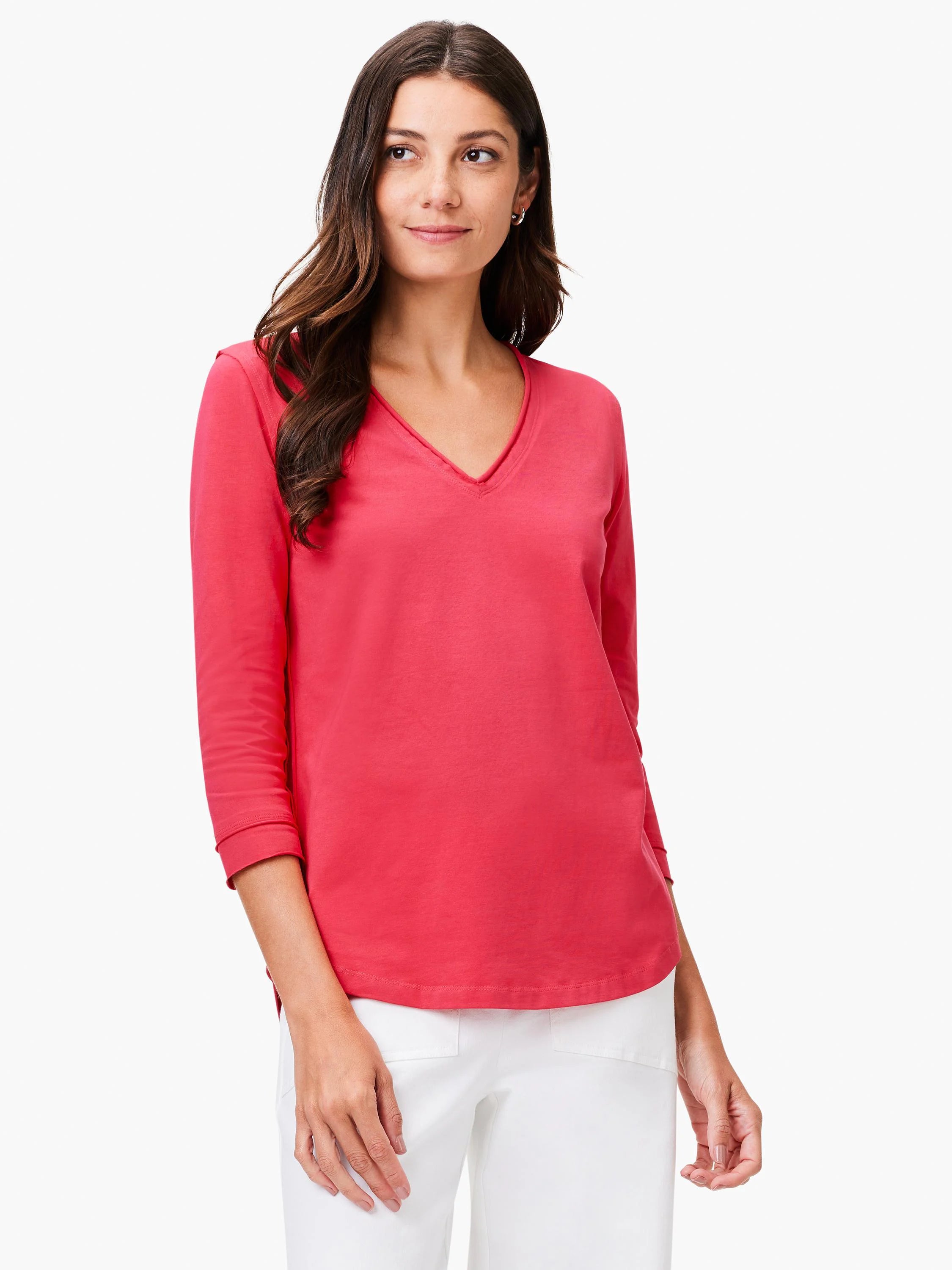 Coral, relaxed fit V-neck tee with 3/4 sleeves.