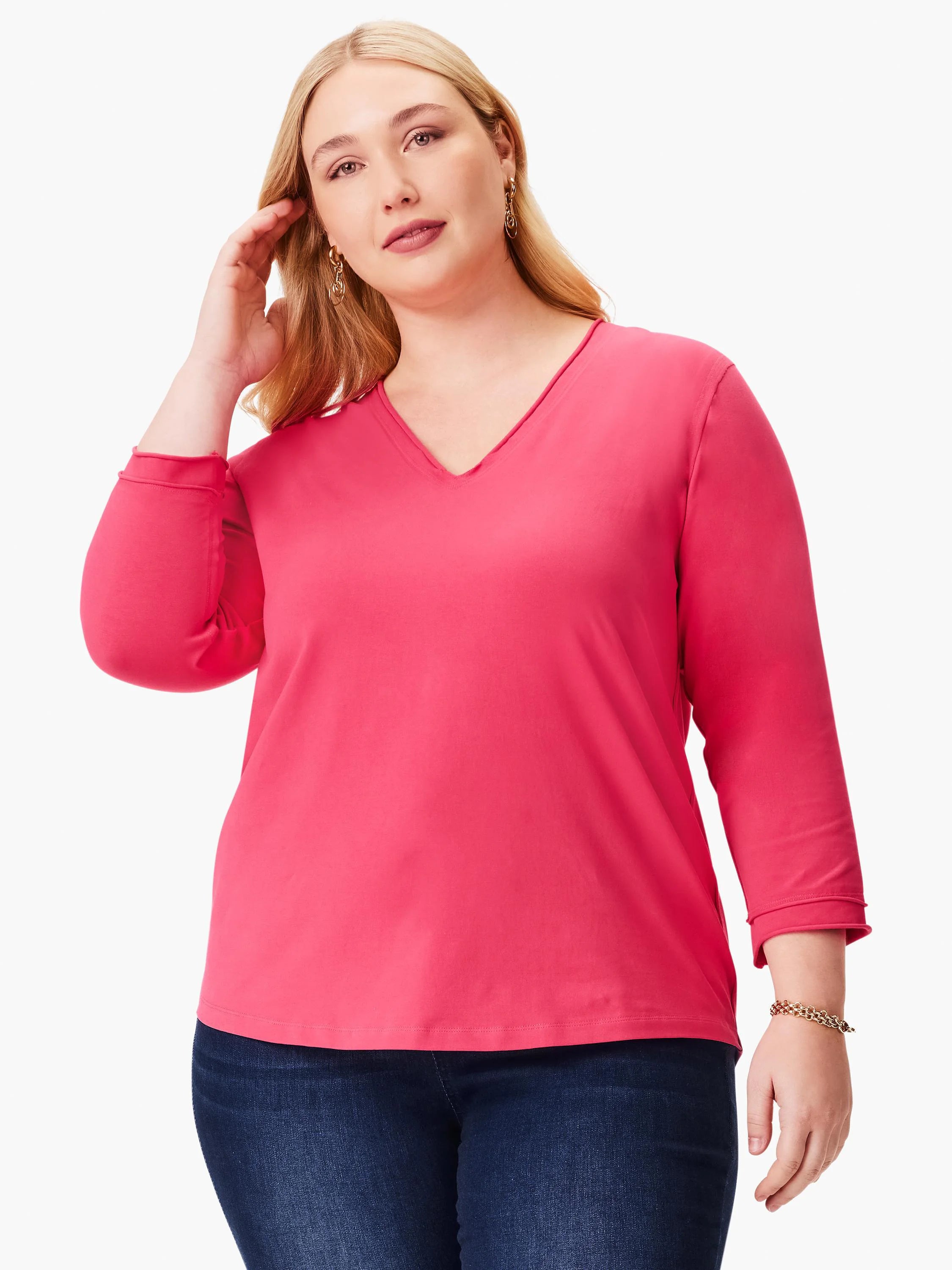 Fuchsia 3/4 sleeve V-neck tee with rolled cuffs, smooth fabric.