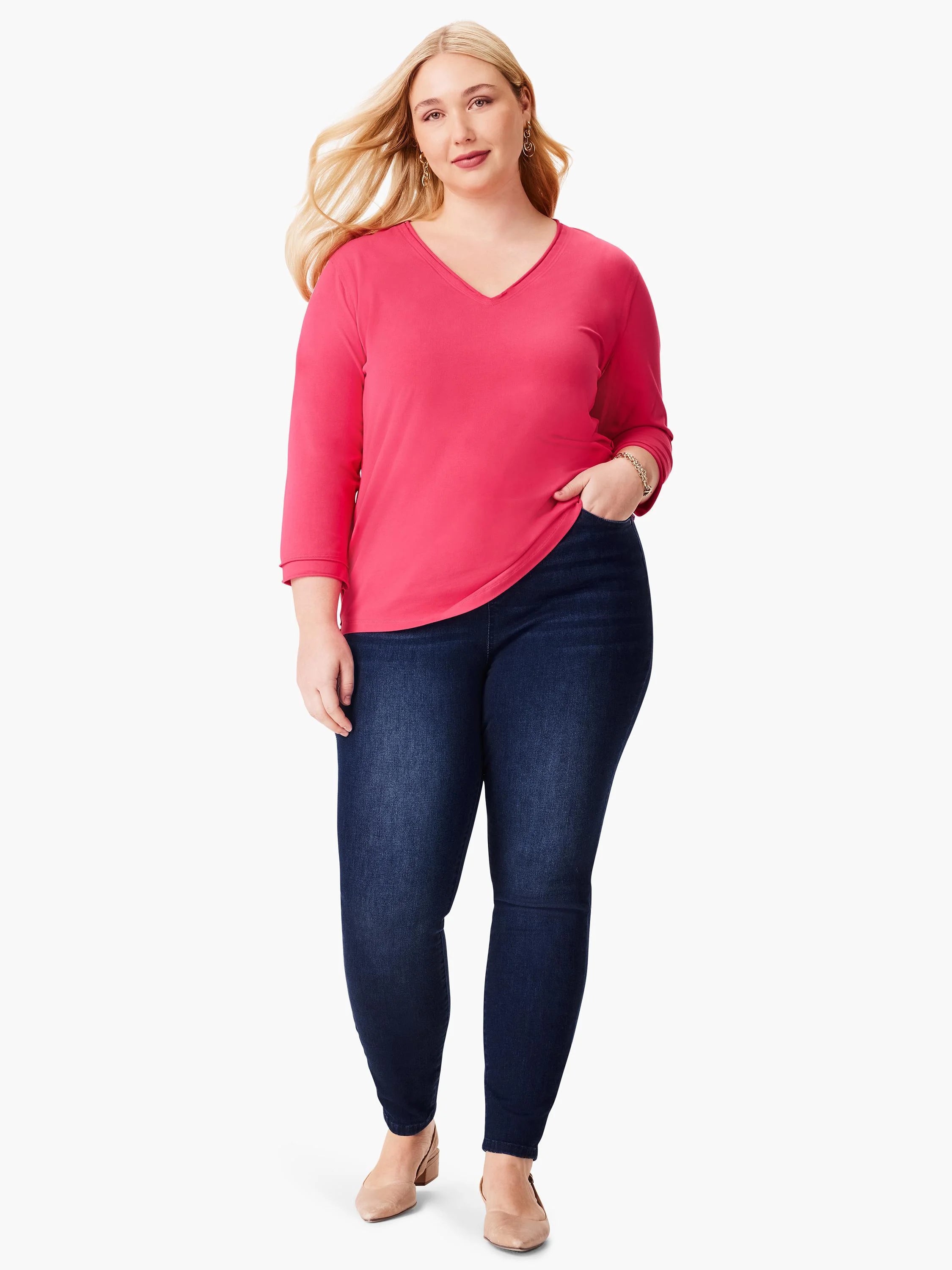 Bright pink V-neck tee with 3/4 length rolled sleeves.