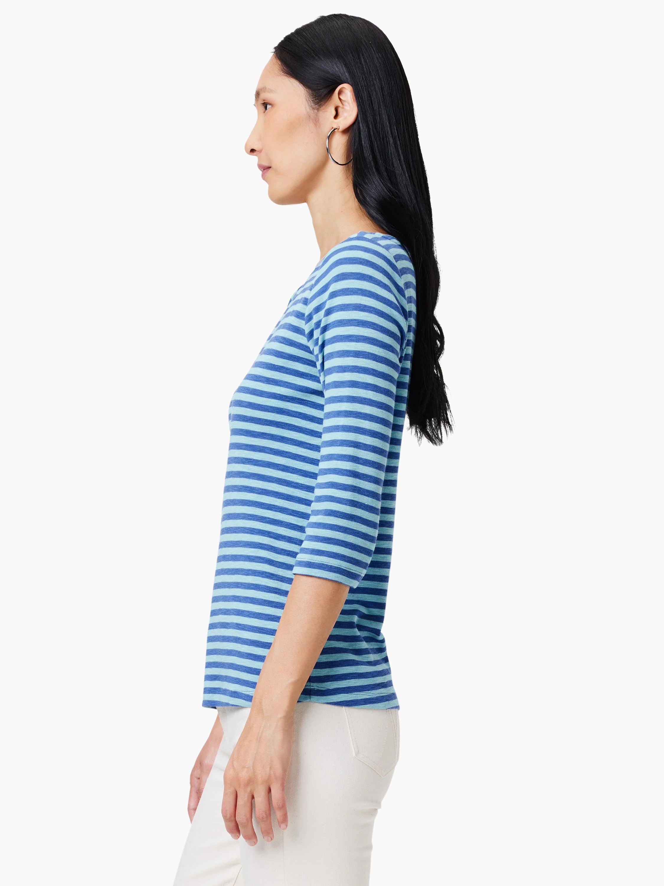 3/4 sleeve tee featuring alternating light and darker blue horizontal stripes.