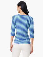 Back view of a 3/4 sleeve boat neck tee with horizontal stripes in two shades of blue.