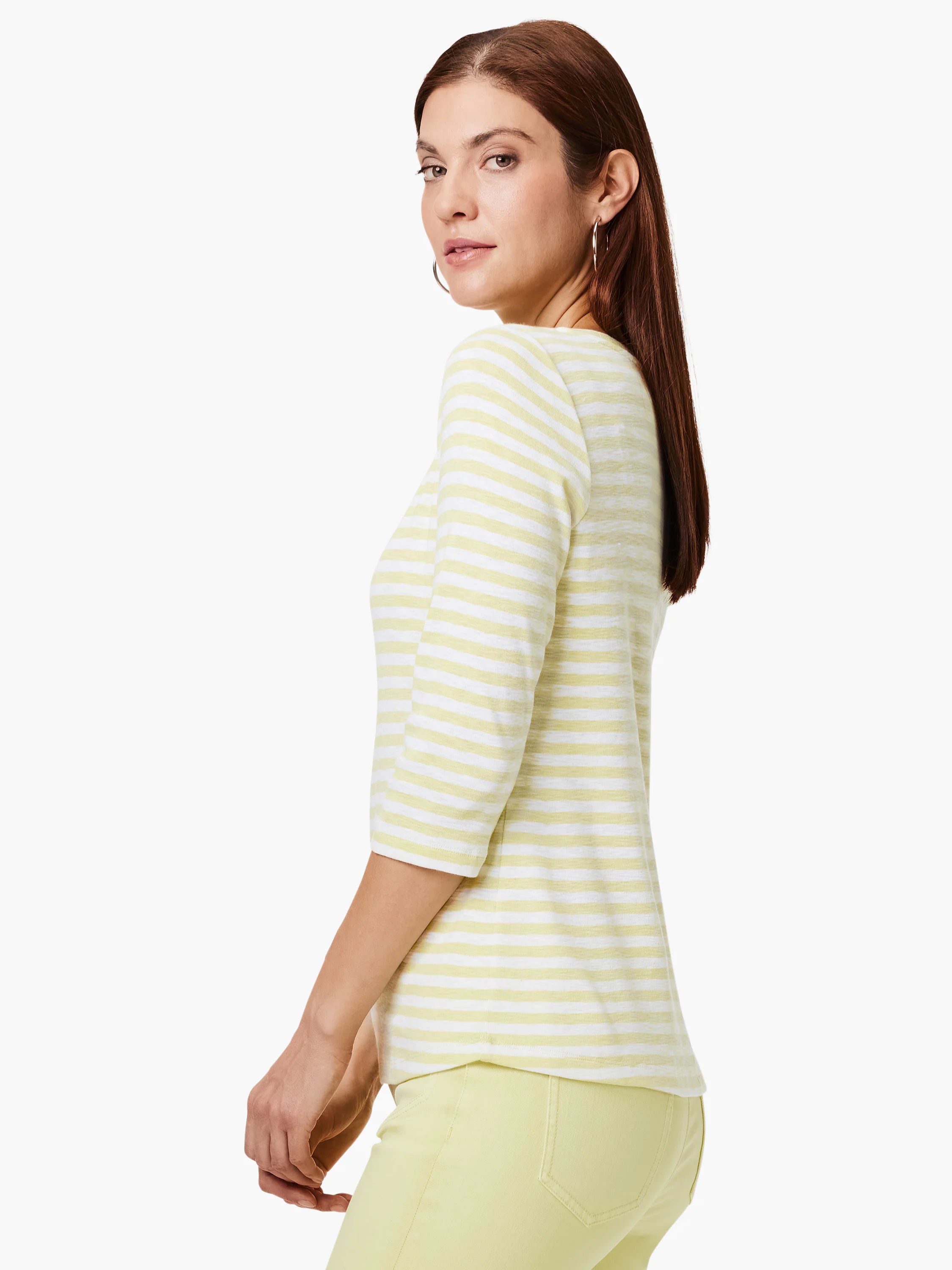 Light yellow and white horizontal stripe 3/4 sleeve boat neck tee on a model.