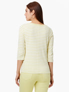 3/4 sleeve boat neck tee with horizontal white and light yellow stripes, featuring a vertical seam on the back.