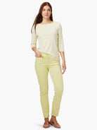 Light yellow and white horizontal striped 3/4 sleeve boat neck tee.