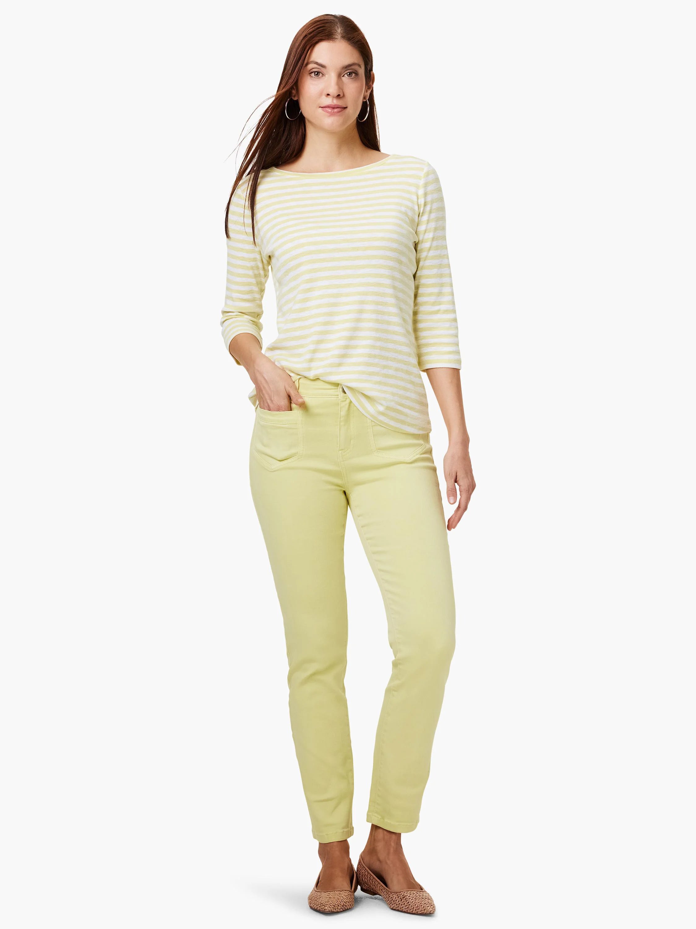 Light yellow and white horizontal striped 3/4 sleeve boat neck tee.