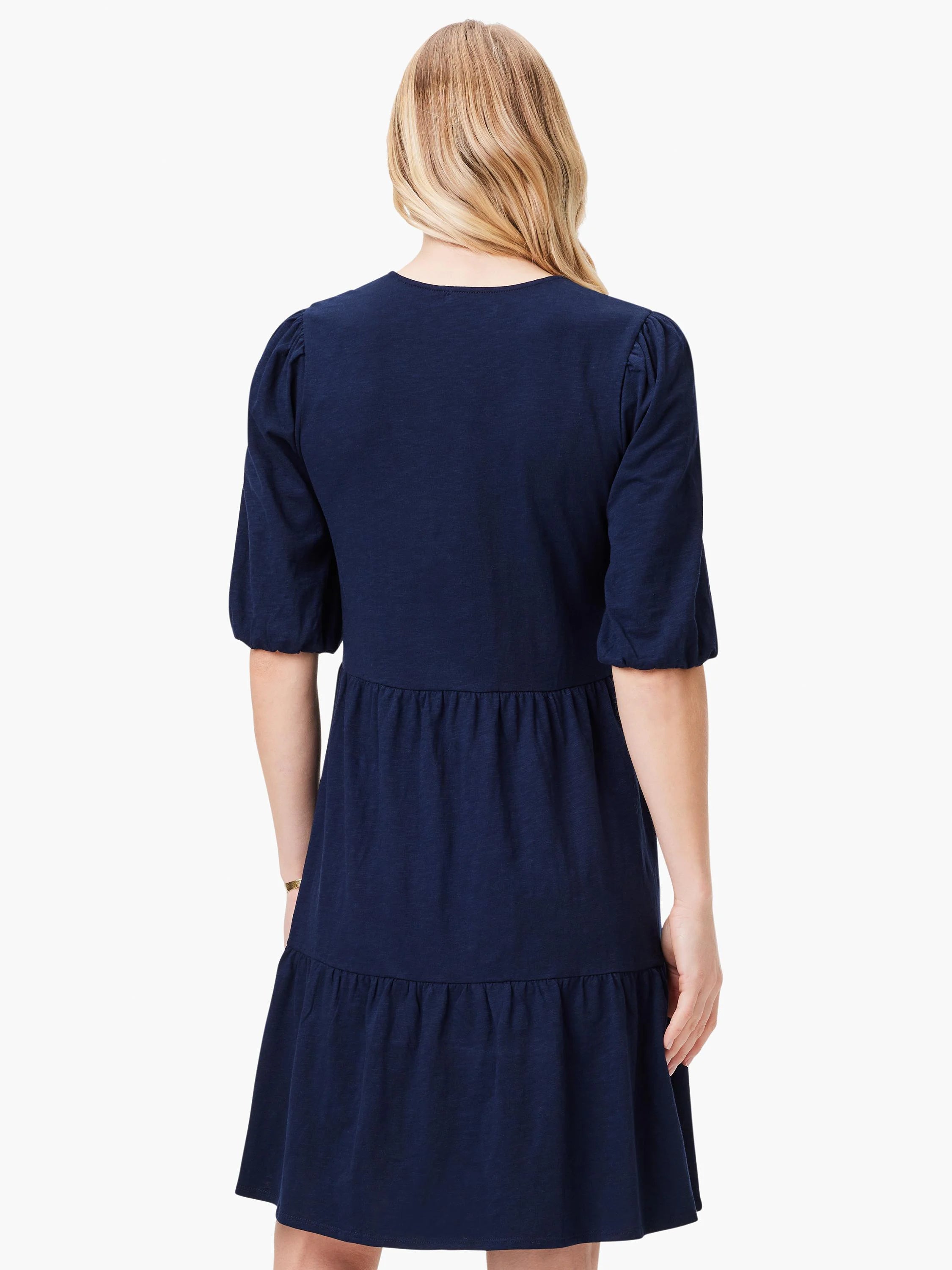 Navy blue tiered V-neck dress with short, puffed sleeves.  Back view.