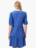 Blue tiered V-neck dress, elbow-length sleeves, short length.  Back view.