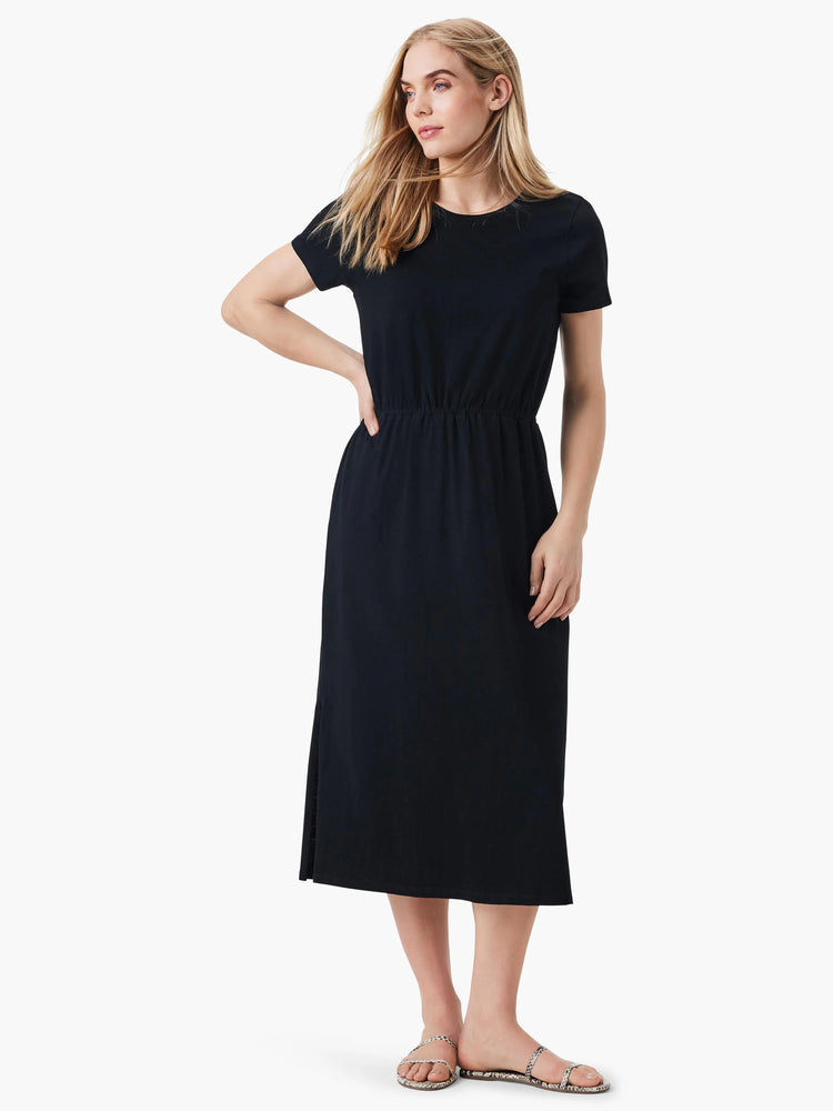 Black midi dress with short sleeves, round neckline, and side slits. Elastic waist.