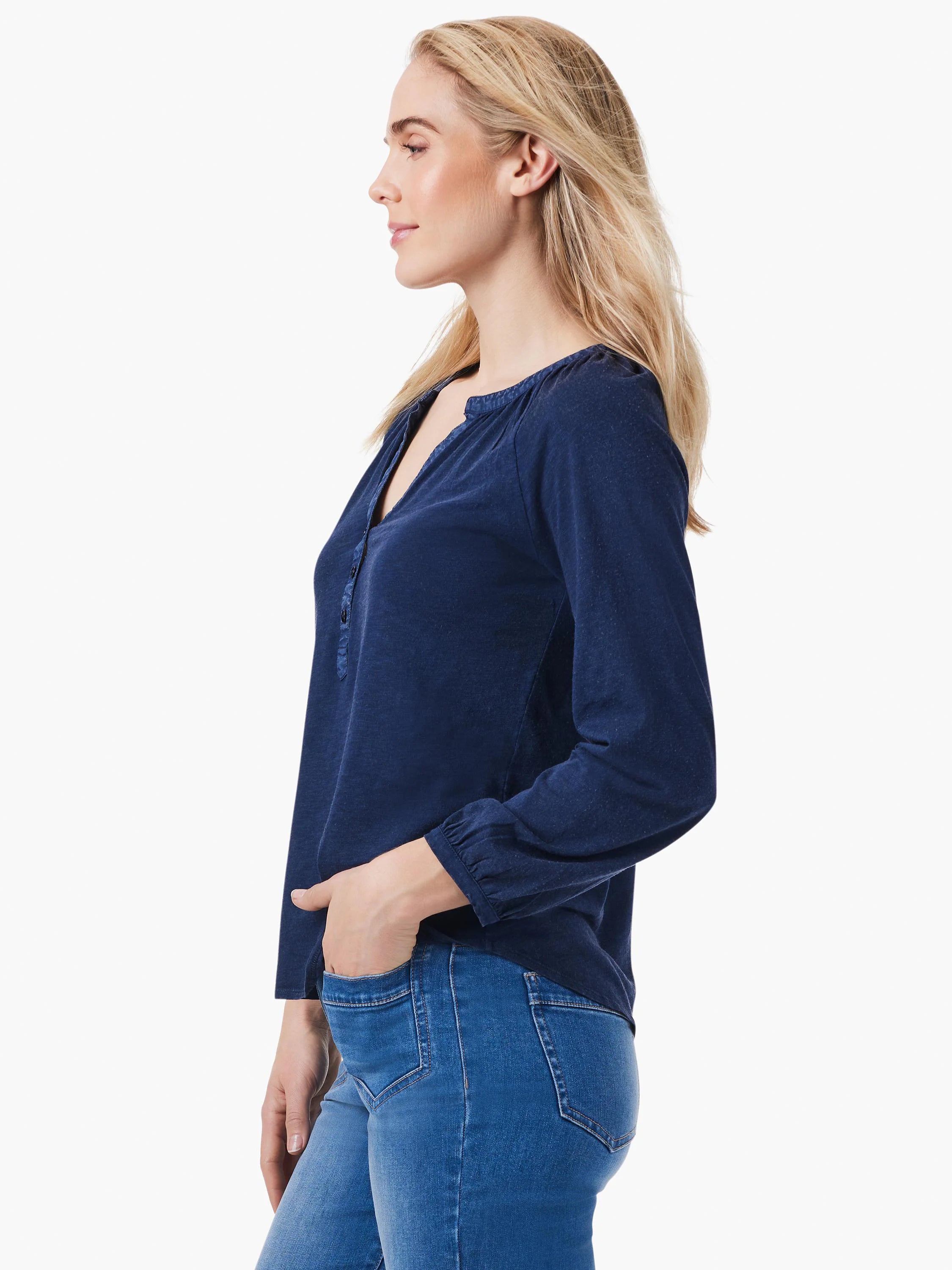 Navy blue, 3/4 sleeve top with split neck and button detail.  Side profile view.