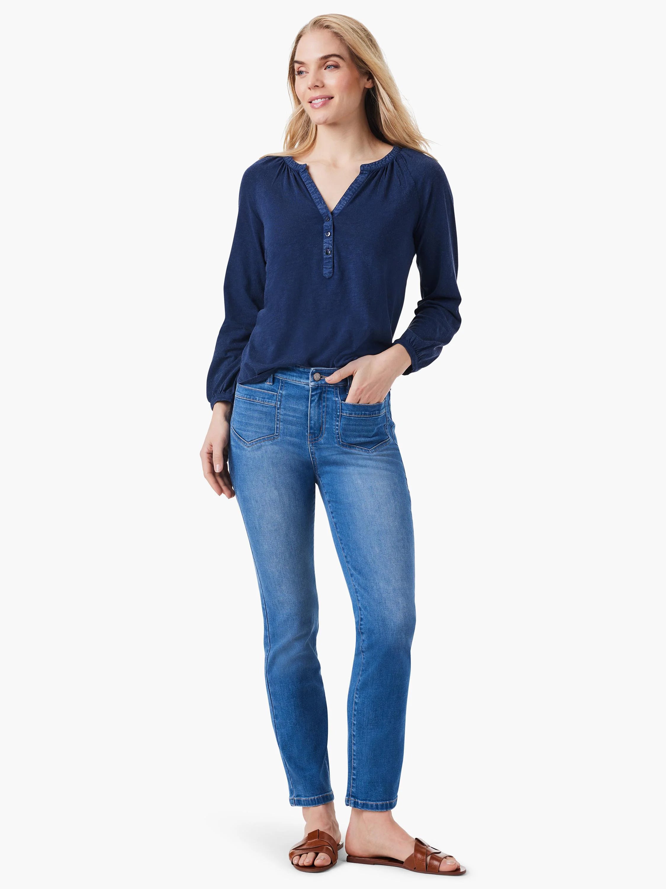 Here's alt text for the image, under 125 characters:
>Navy blue 3/4 sleeve top with split neck and button placket. Model...