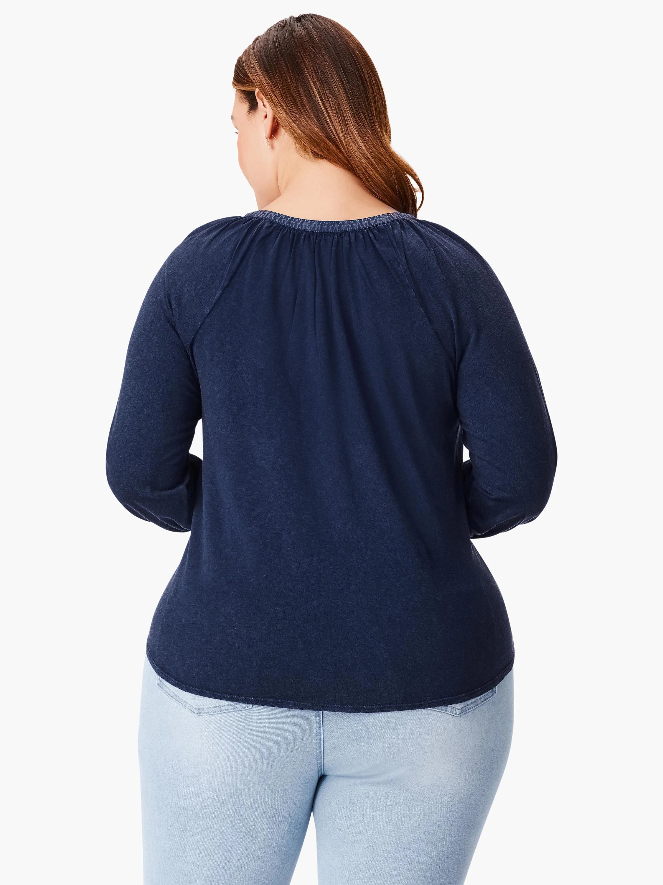 Dark navy blue, 3/4 sleeve top, split neckline, shown from the back.