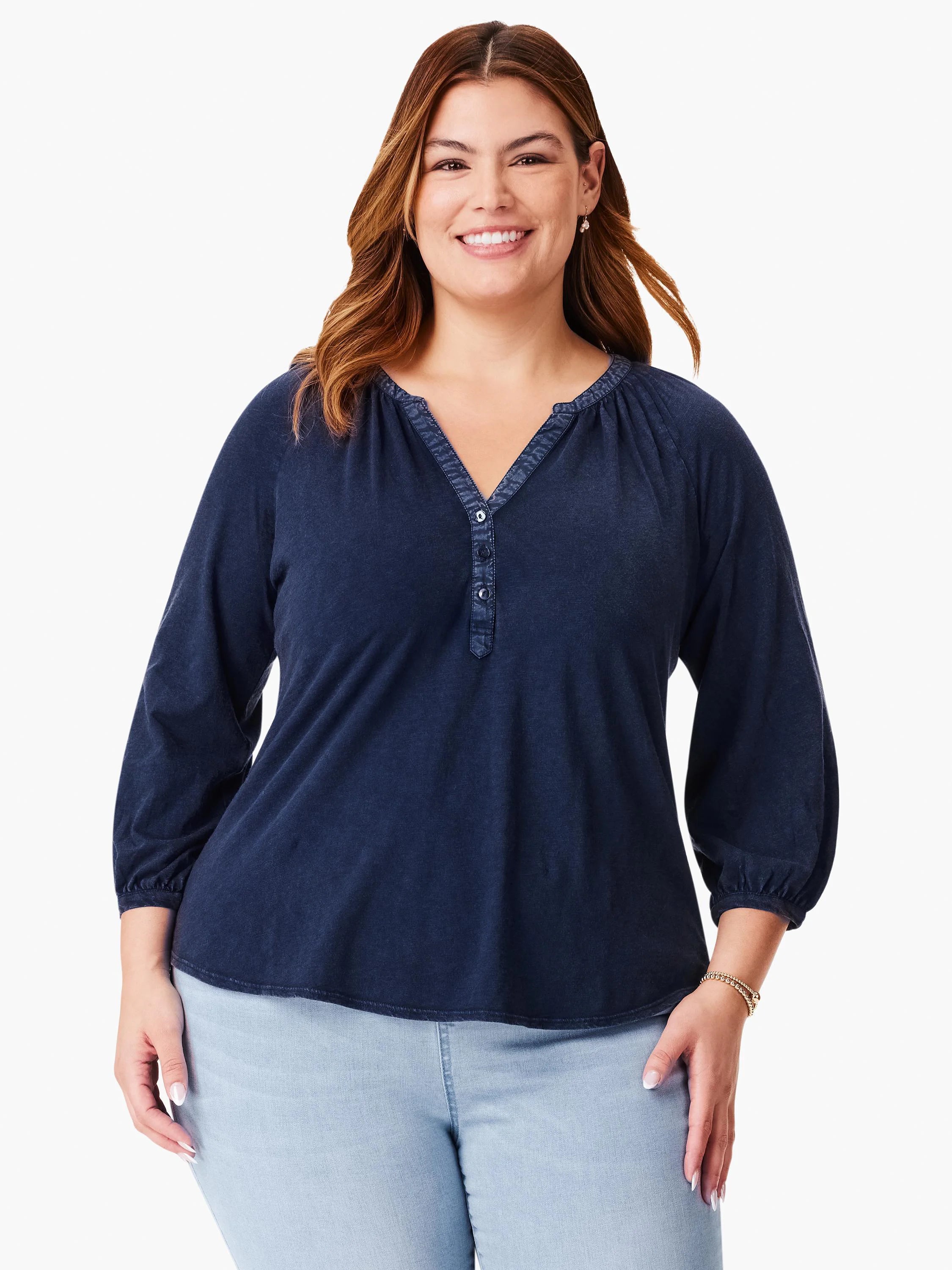 Dark navy blue, 3/4 sleeve top with split neck and button placket.