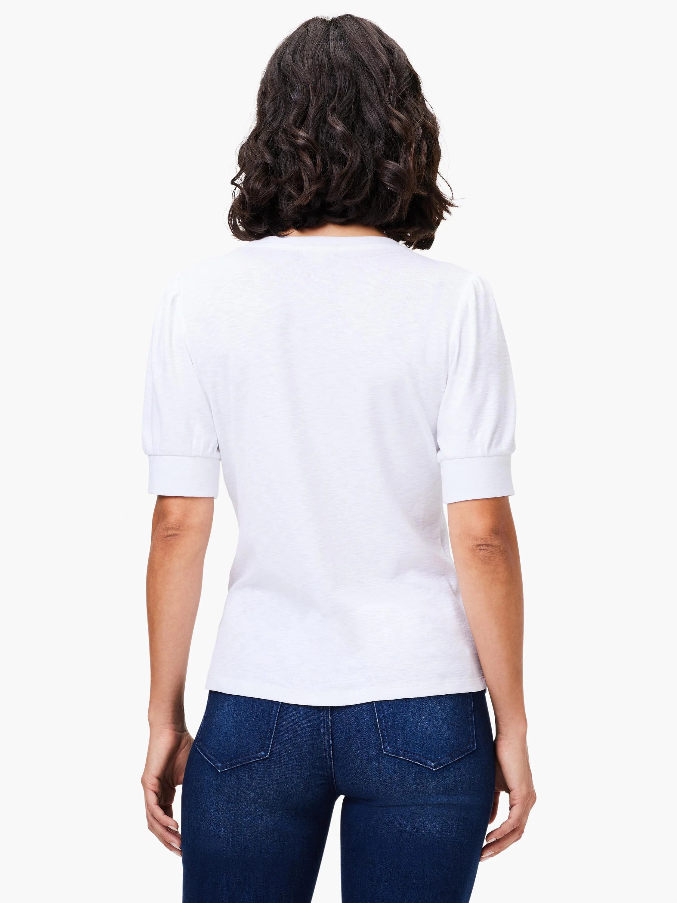 Here's alt text for the image, following accessibility best practices:
"White scoop-neck tee with elbow-length sleeves,...