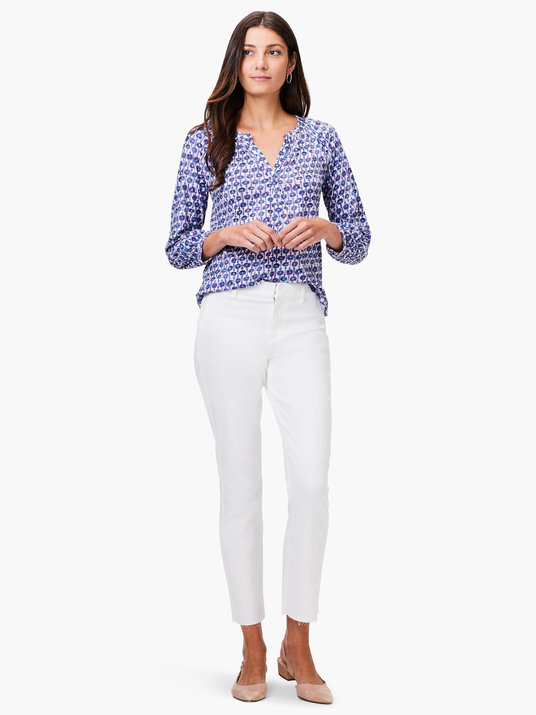 3/4 sleeve top with blue, purple, and white medallion print.  V-neck.