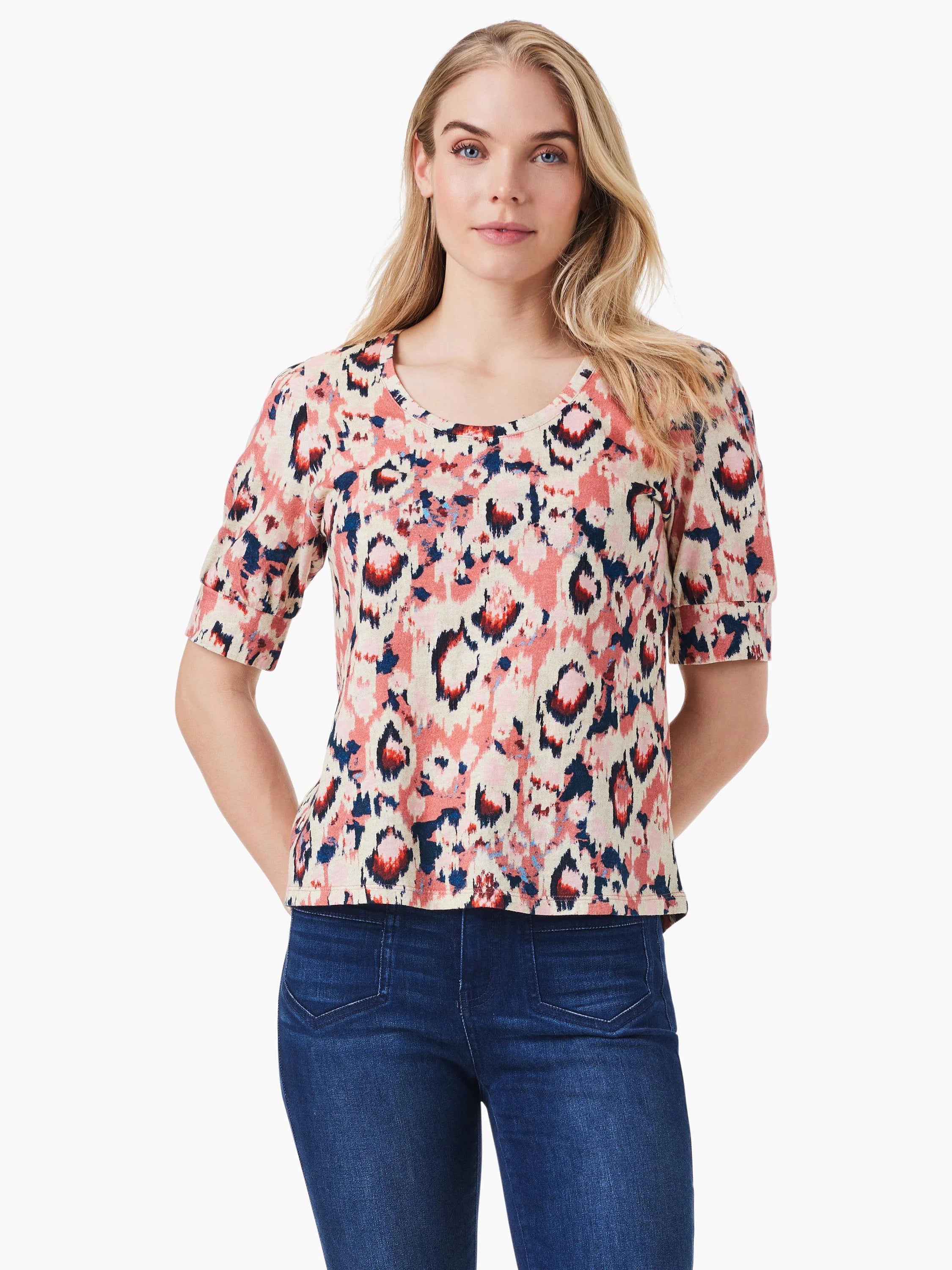 Pink, cream, and navy ikat pattern scoop-neck tee with elbow-length sleeves.