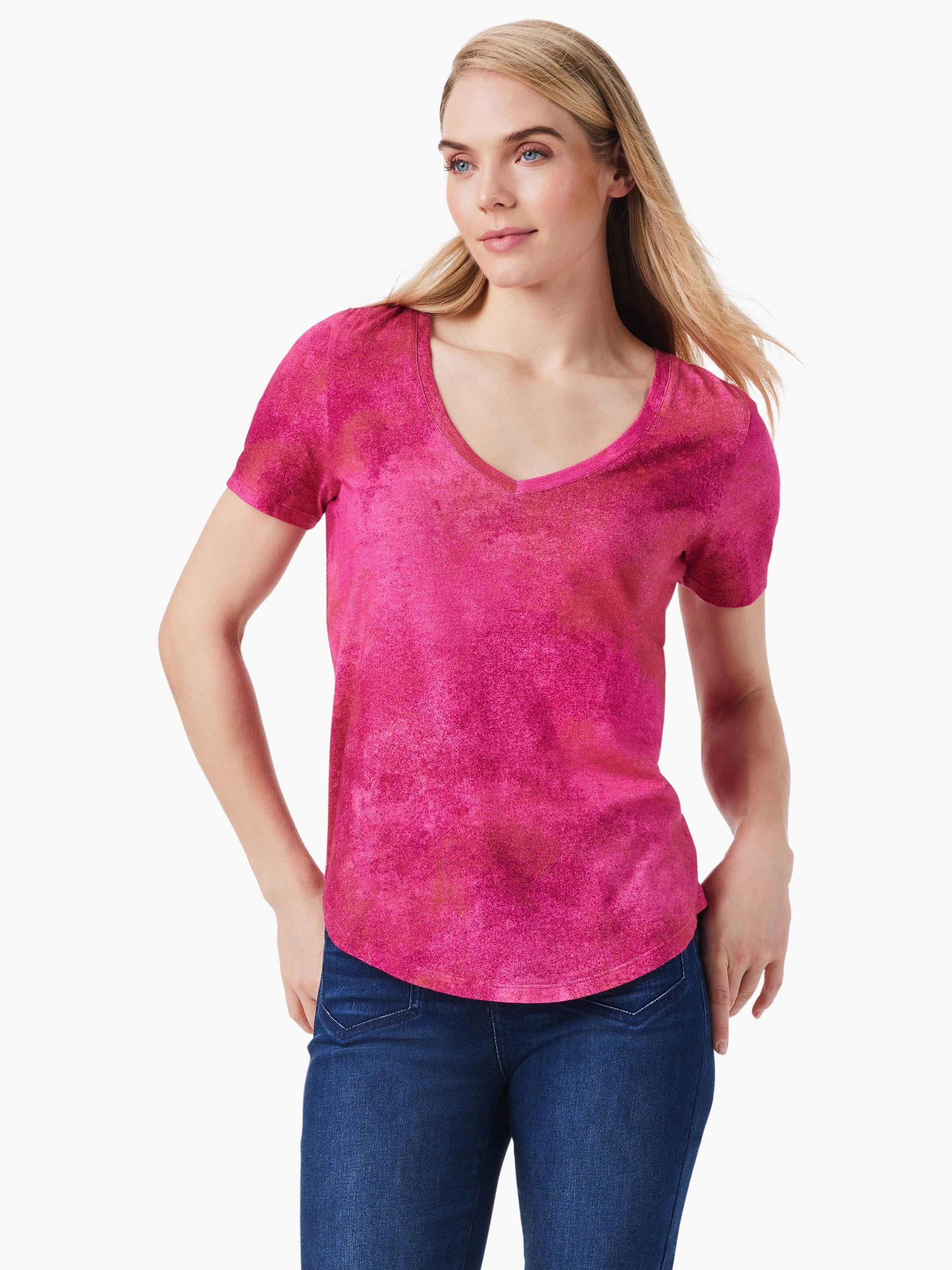 Pink short-sleeve V-neck tee with a mottled, tie-dye effect. The pink has darker reddish-brown accents.