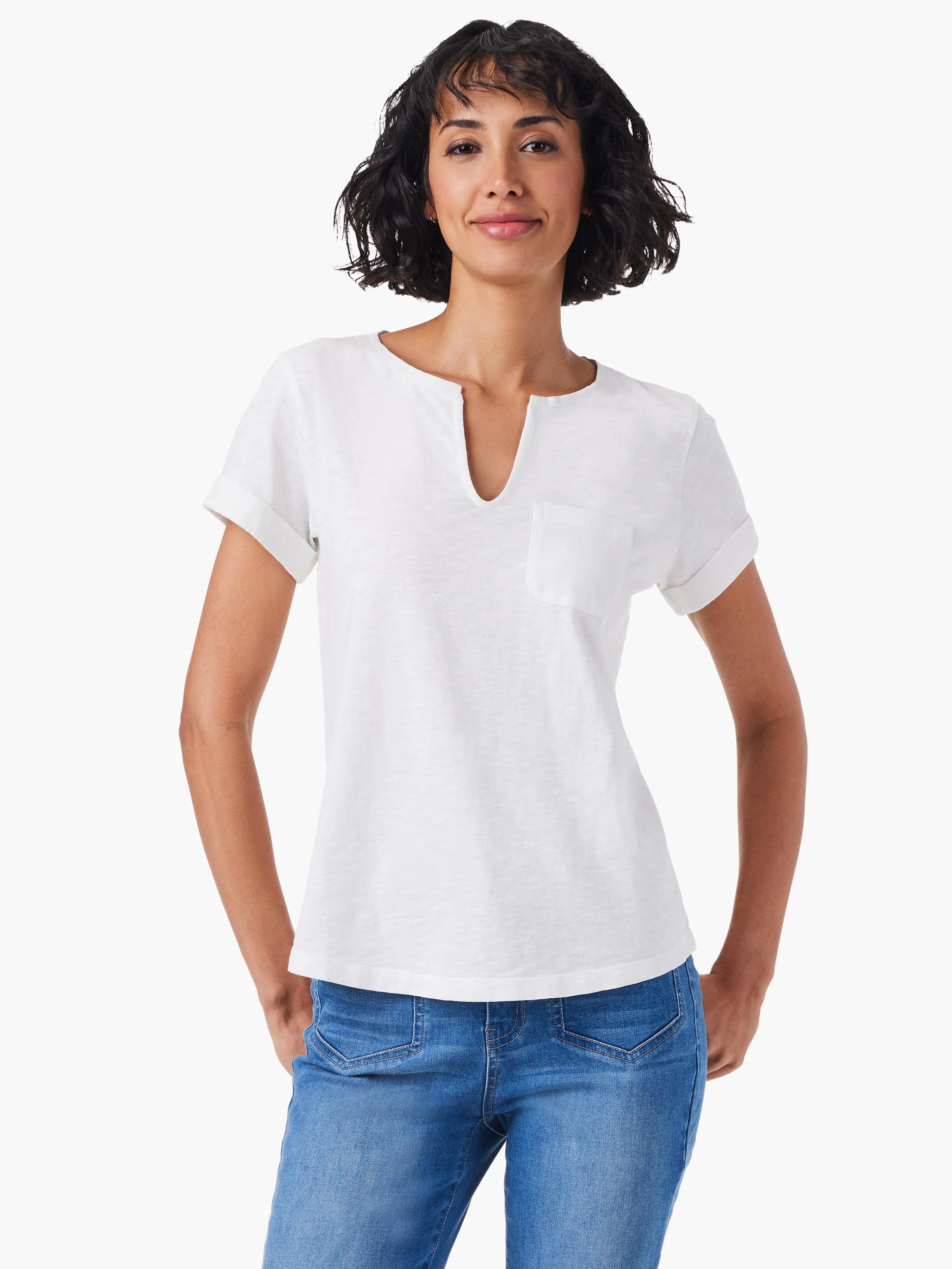 Off-white short-sleeve tee with a split V-neck and small chest pocket. Rolled cuffs.