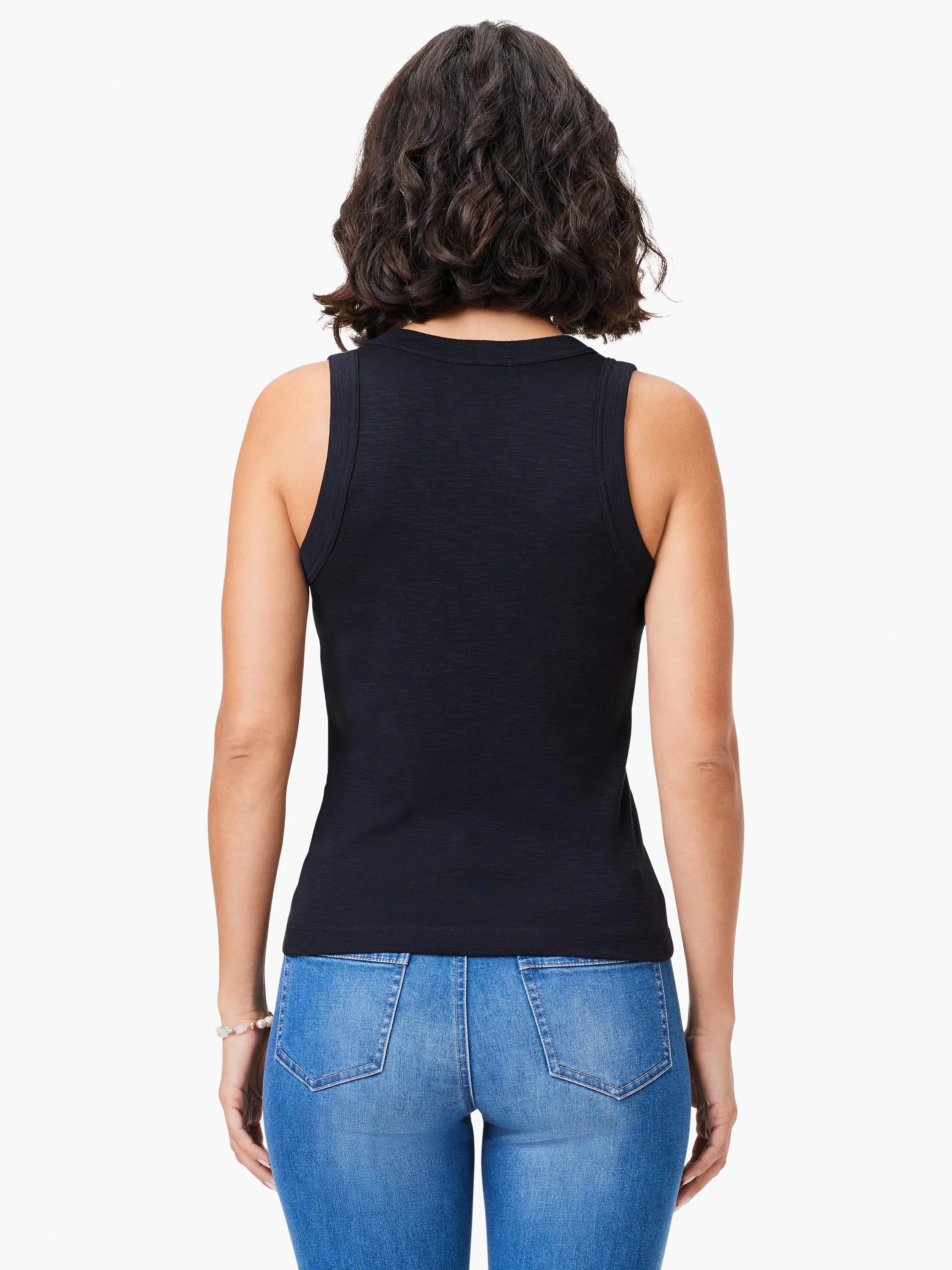 Here's alt text for the image, under 125 characters:
"Black v-neck tank top; rear view. Sleeveless, fitted. Model also...