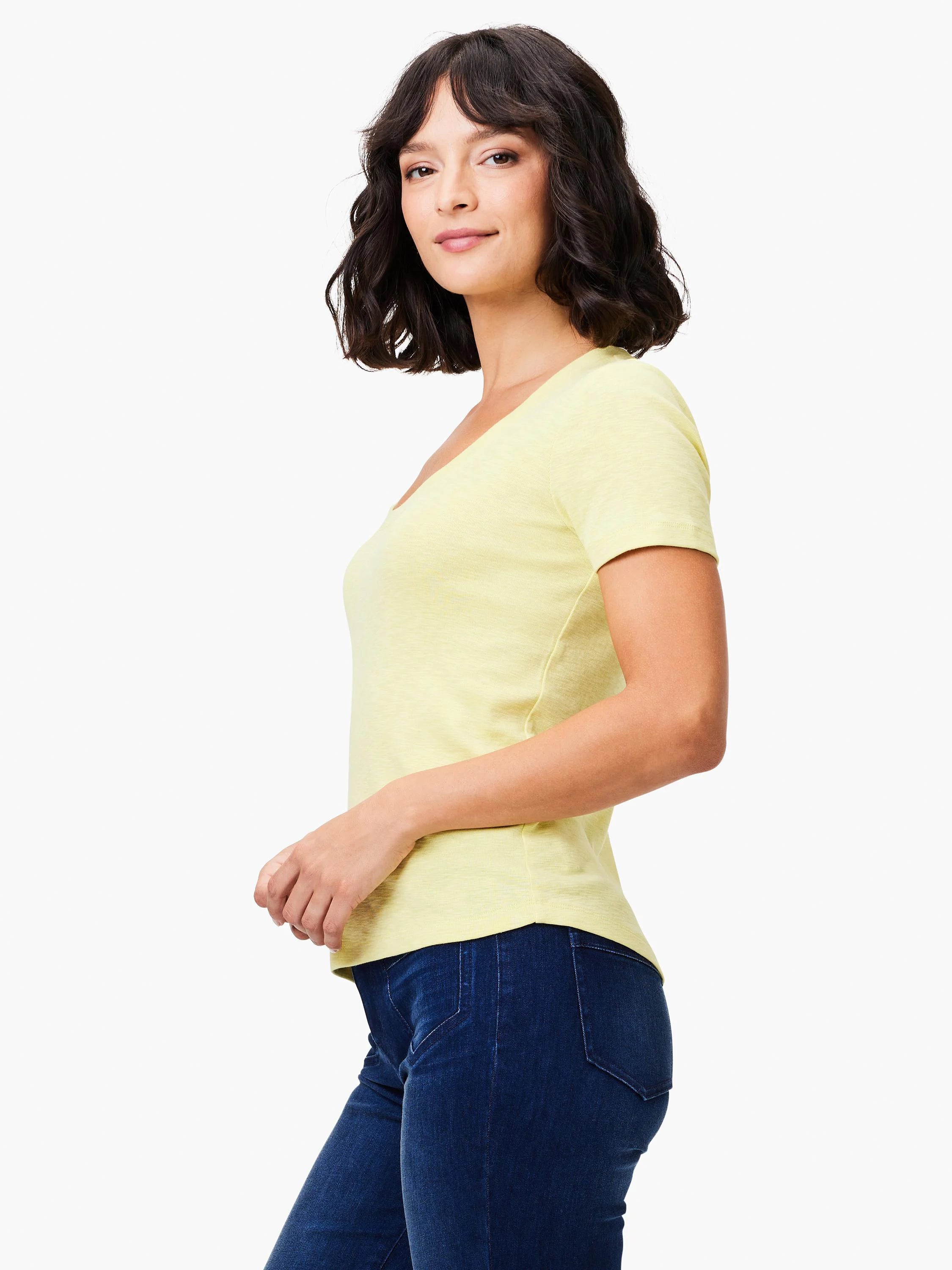 Pale yellow scoop-neck tee with short sleeves.