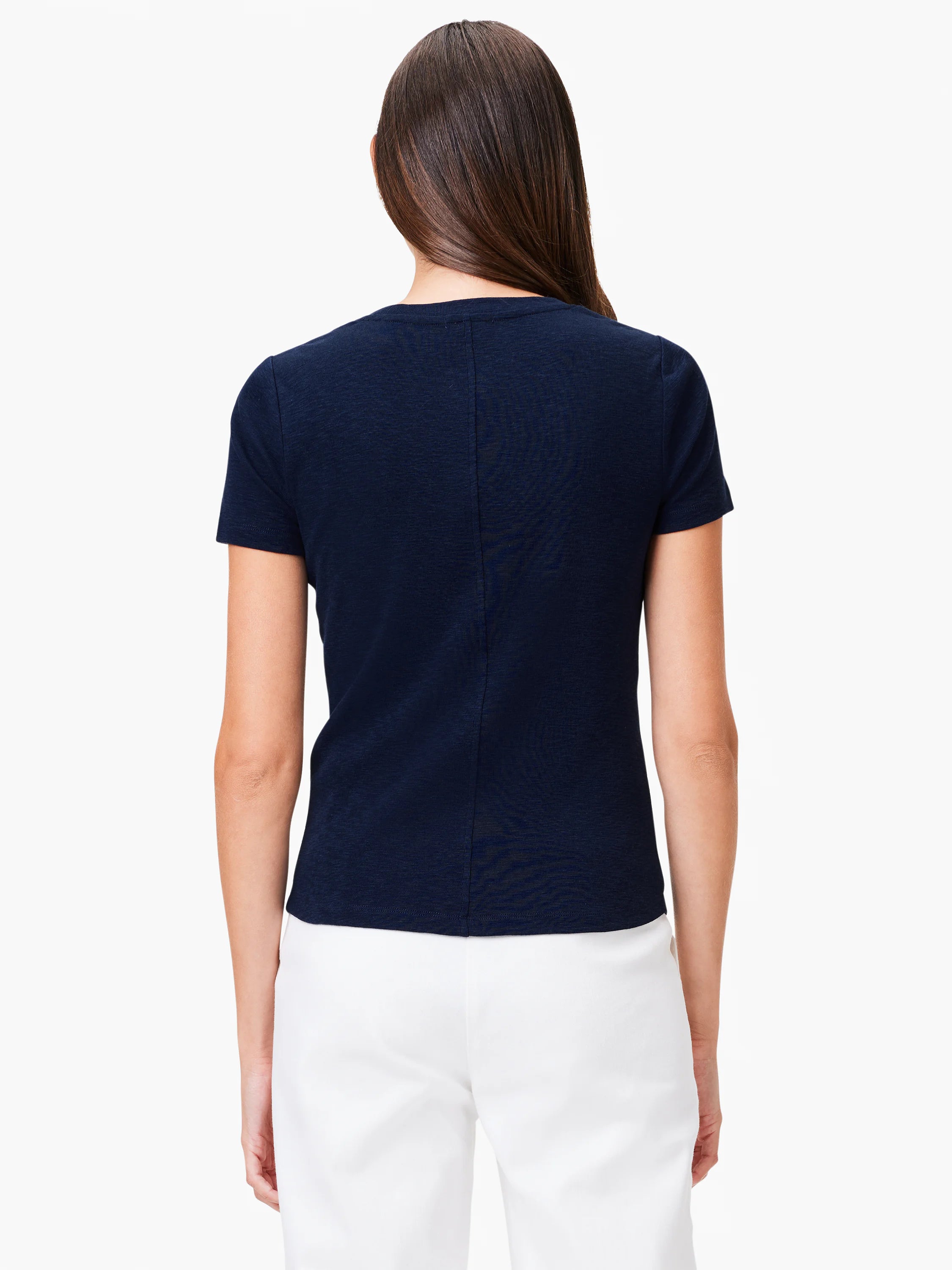 Dark navy blue scoop-neck tee with short sleeves. Rear view.
