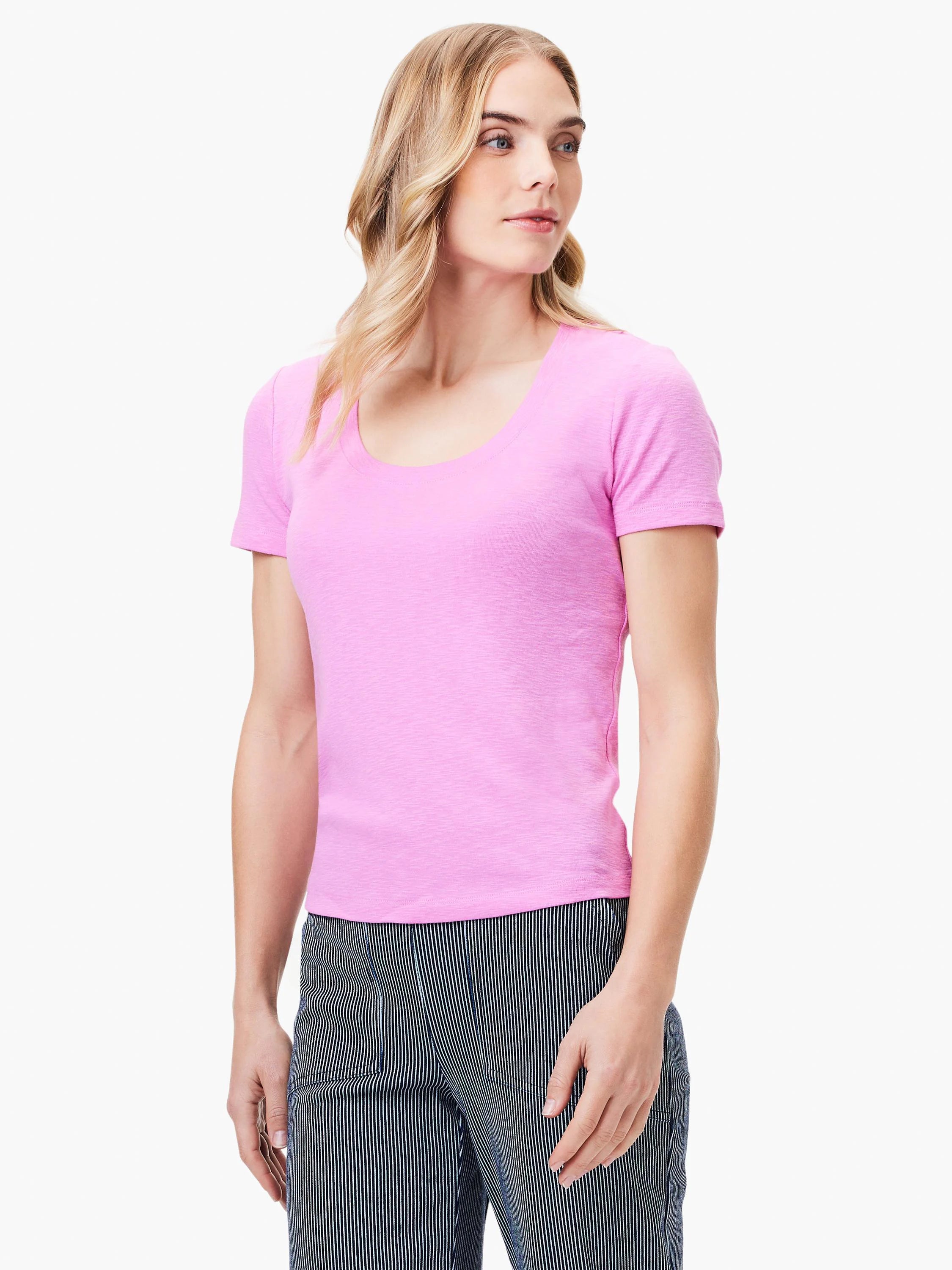 Pink scoop-neck short-sleeve tee. Slight texture visible.