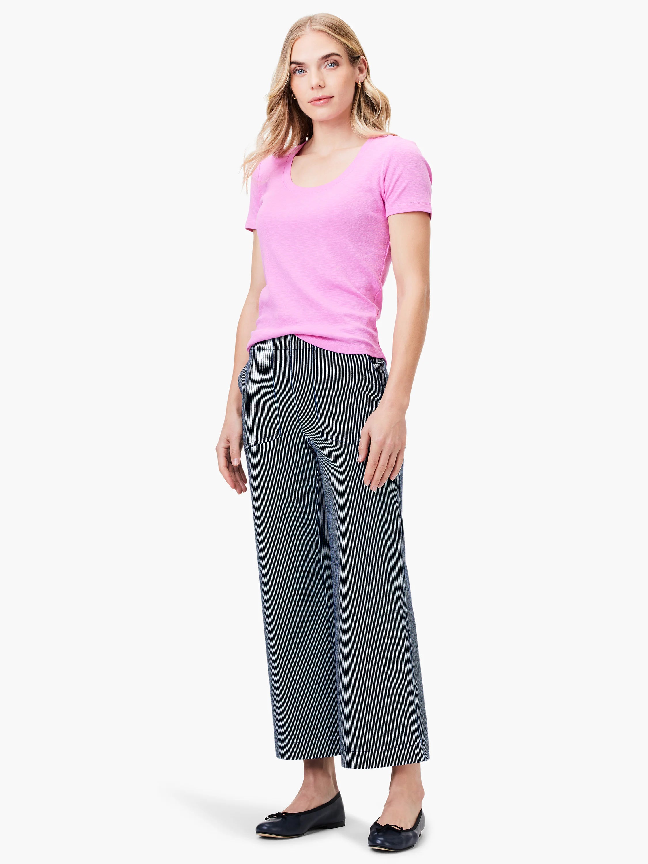 Pink scoop-neck short-sleeve tee. Simple, fitted style.