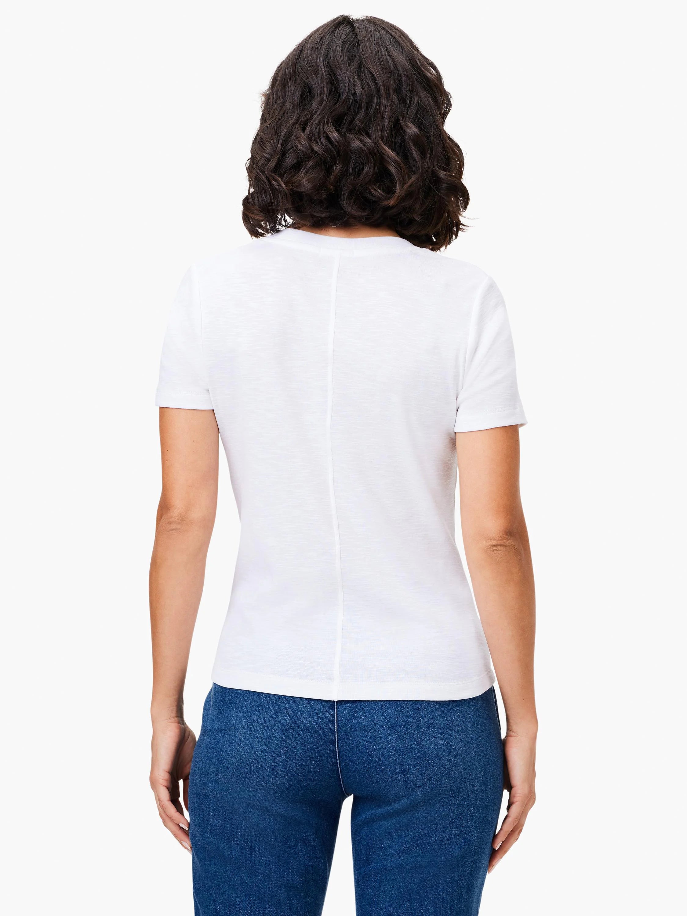 Here's alt text for the image, under 125 characters:
"White scoop-neck short-sleeve tee shown from the back. The shirt...