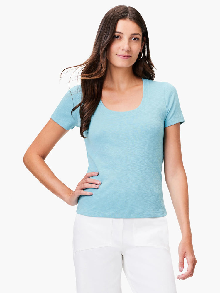 Light blue, short-sleeved scoop-neck t-shirt. Slightly textured fabric.