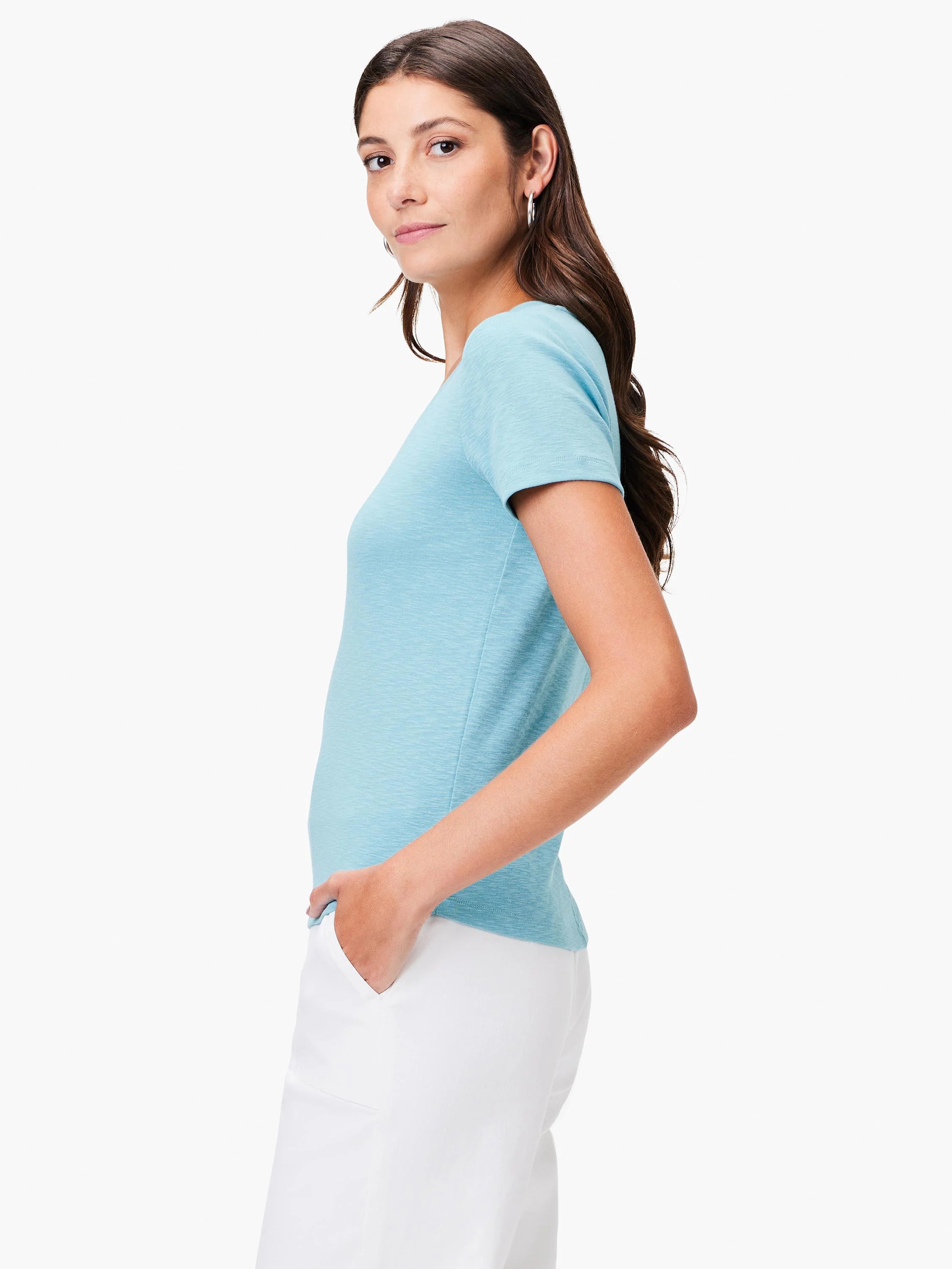 Light blue scoop neck short-sleeve tee. Side profile shows fit.