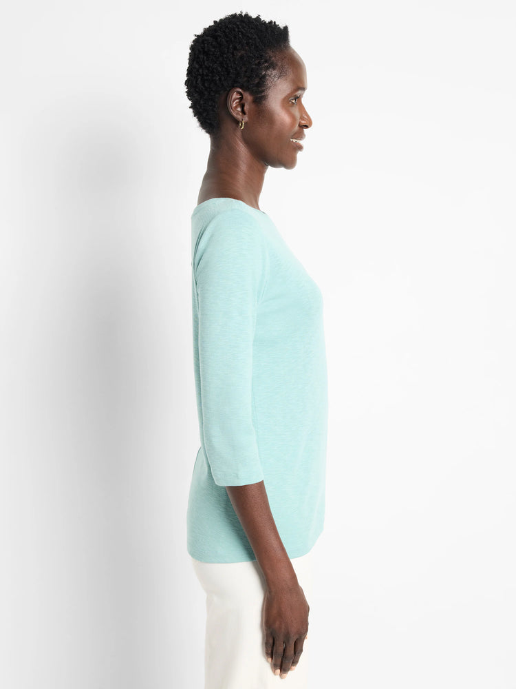 Light aqua, textured knit 3/4 sleeve boat neck tee.