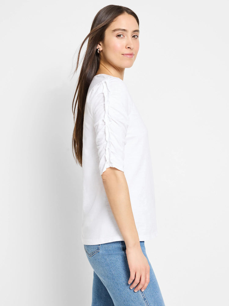 White, elbow-sleeve t-shirt. Ruched detail on sleeve. Split neckline.