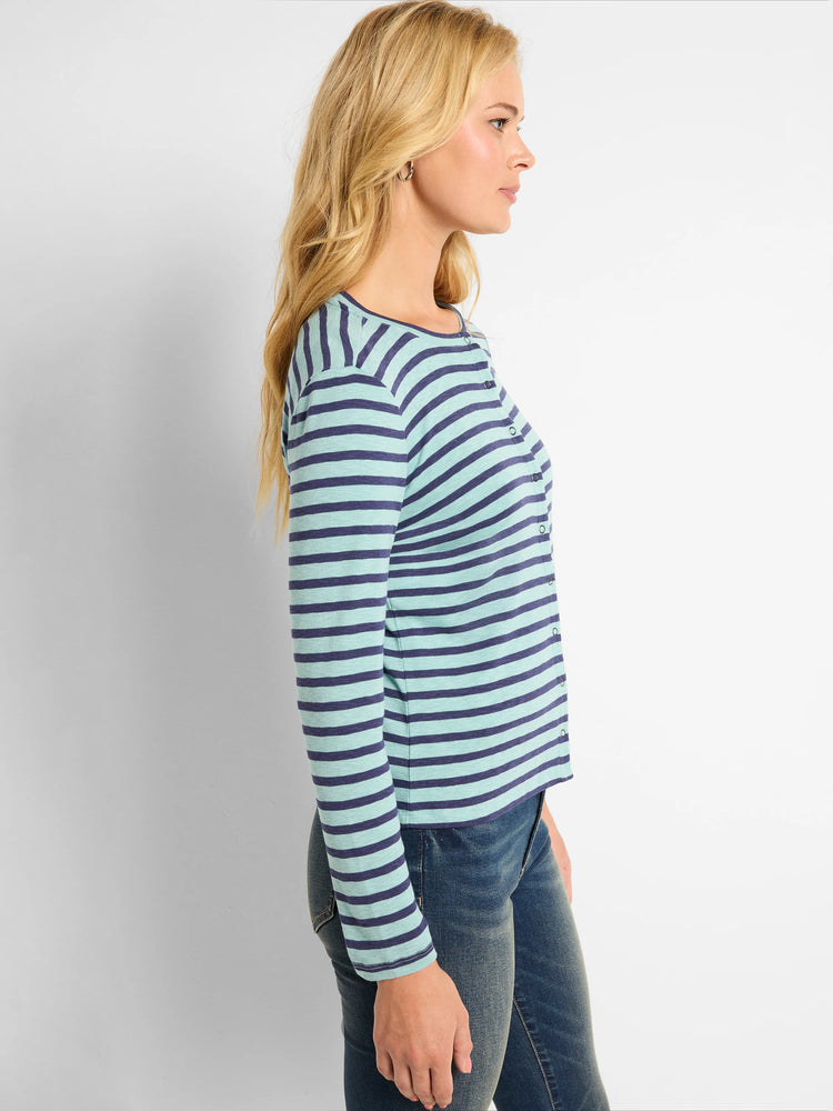Long-sleeved, teal and navy striped cardigan. Snap front closure.