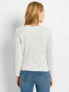 Image of cream and gray horizontally striped long-sleeve cardigan, shown from the back.