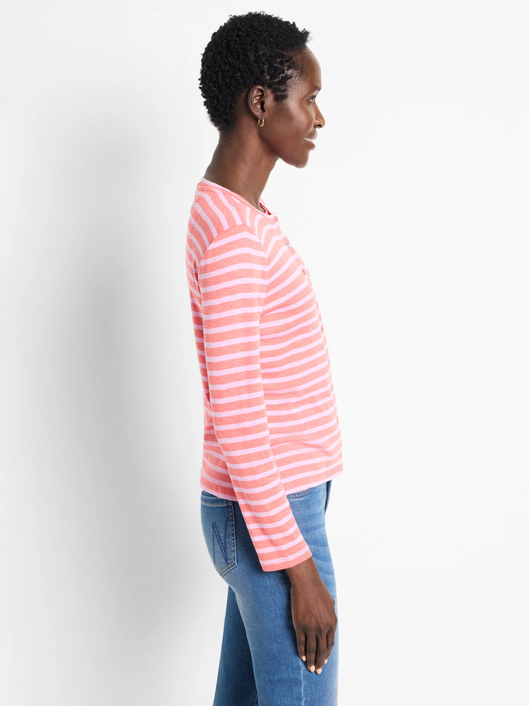 Pink and lilac striped long-sleeve cardigan, snap front closure.