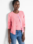 Pink and light pink striped cardigan, snap front closure, long sleeves.