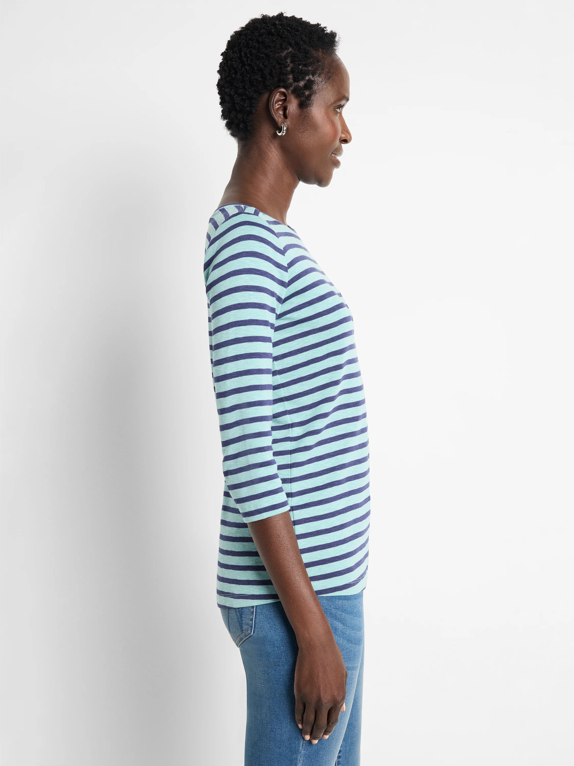 Boat tee with 3/4 sleeves, featuring light blue and navy horizontal stripes.