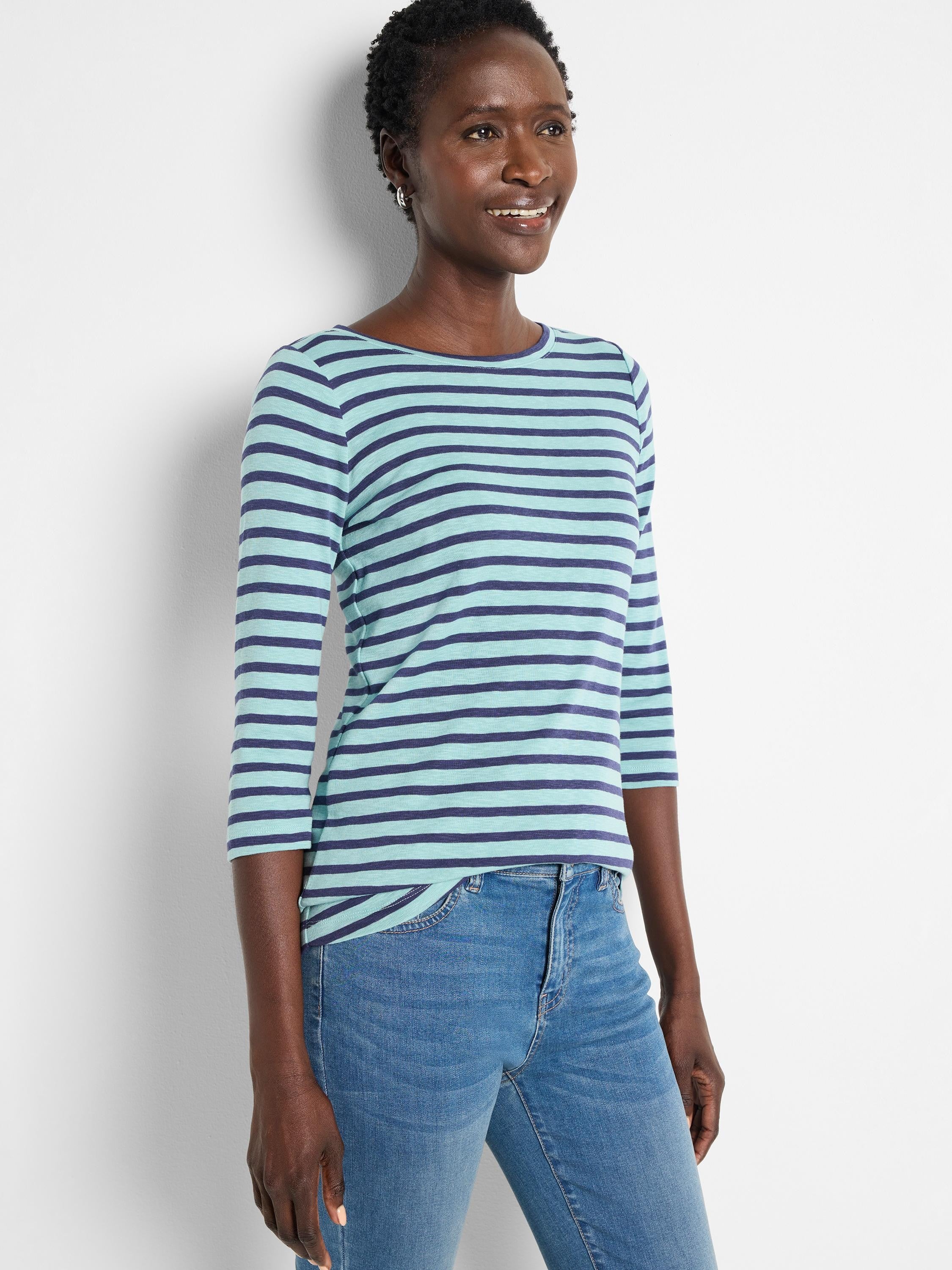 3/4 sleeve boat neck tee with horizontal aqua and navy blue stripes.