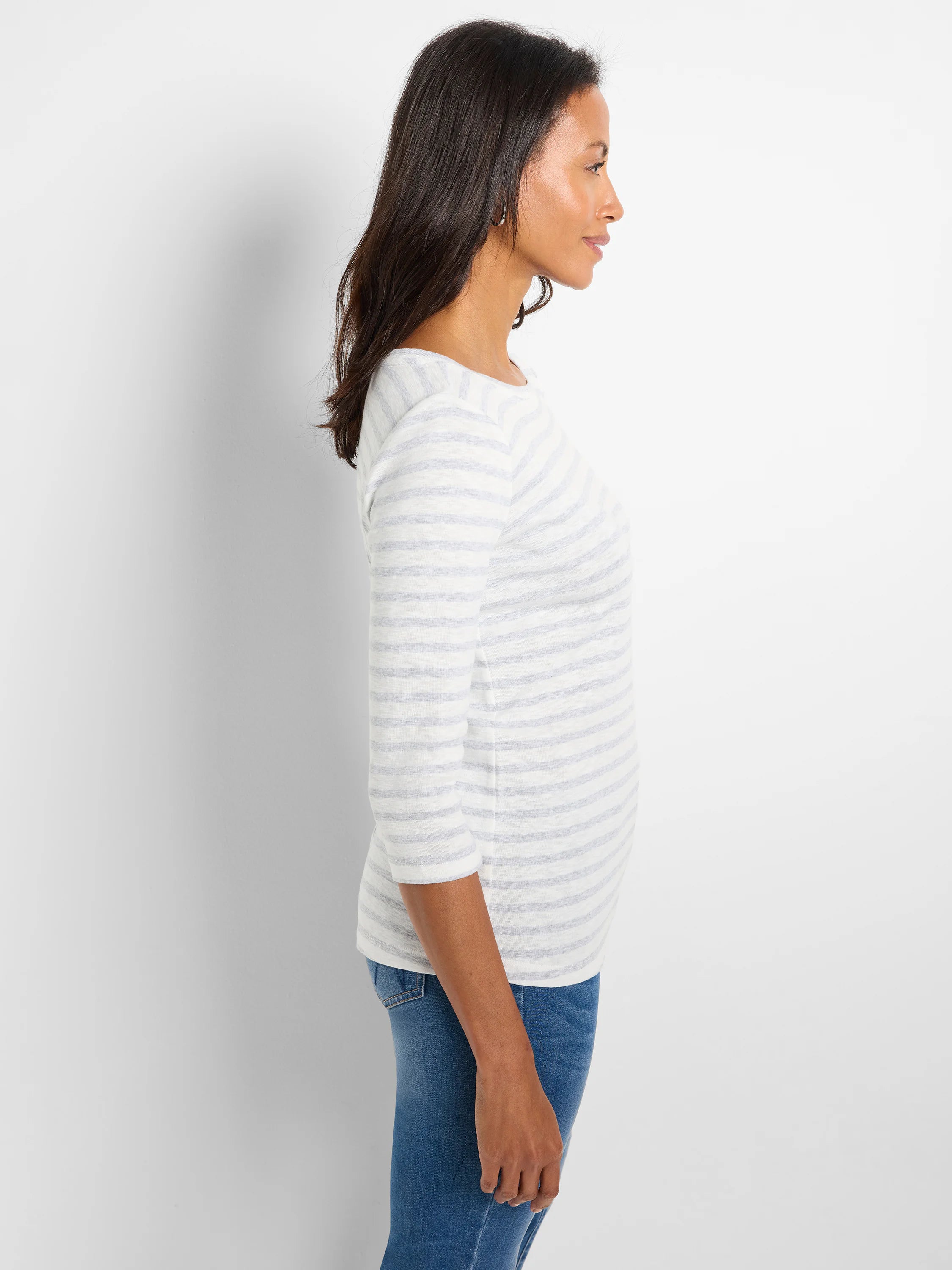 Off-white boat neck tee with light grey horizontal stripes and 3/4 sleeves.