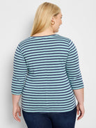Back view of a model in a light blue and navy horizontal striped 3/4 sleeve boat neck tee with a vertical back seam.