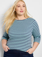 Aqua and navy horizontal stripe 3/4 sleeve boat neck tee.